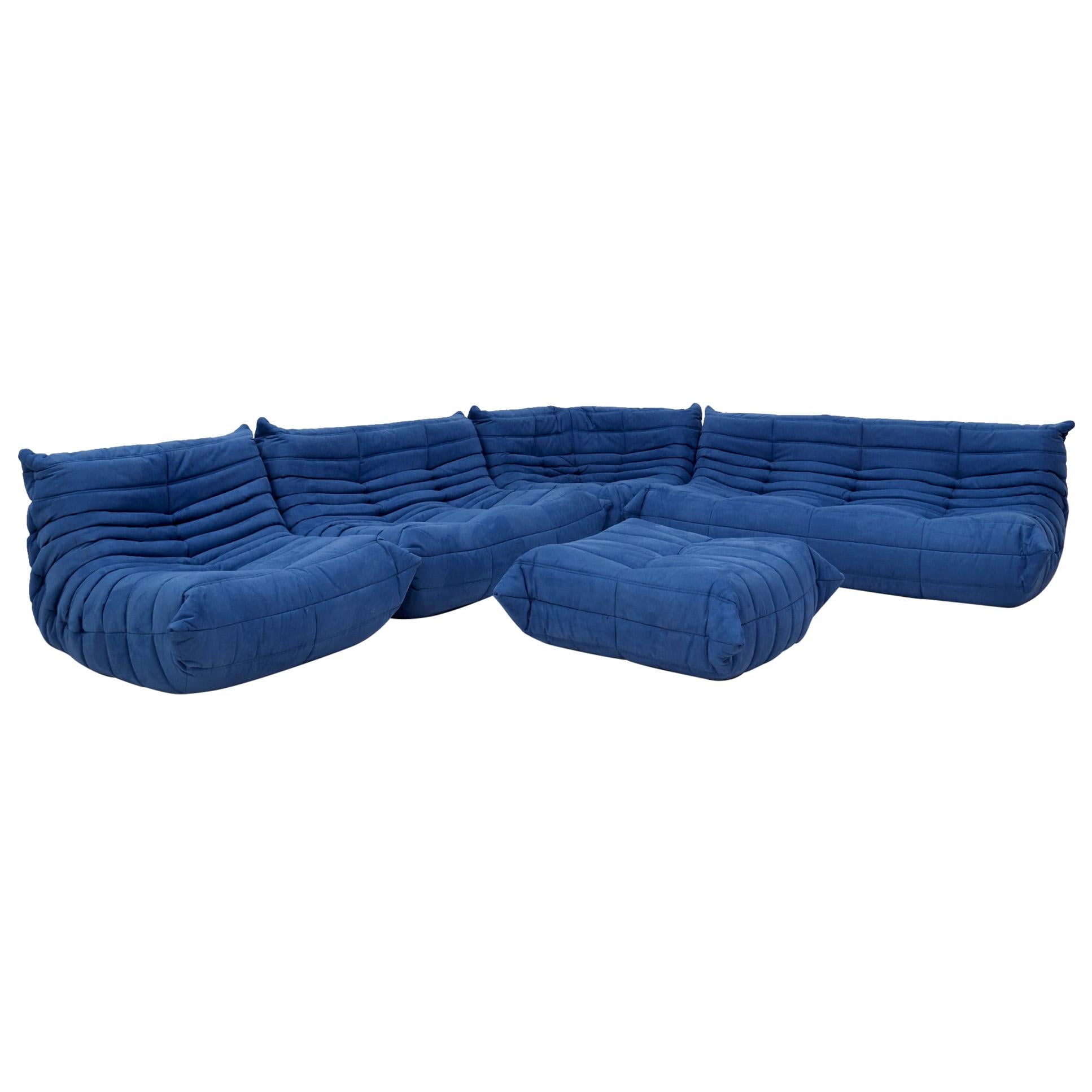 Togo Blue Modular Sofa and Footstool by Michel Ducaroy for Ligne Roset, Set of 5