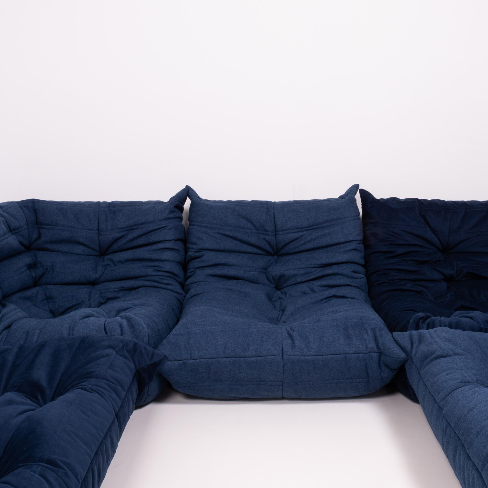 Togo Blue Modular Sofa and Footstool by Michel Ducaroy for Ligne Roset, Set of 6 In Excellent Condition In London, GB