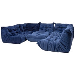 Togo Blue Modular Sofa and Footstool by Michel Ducaroy for Ligne Roset, Set of 6