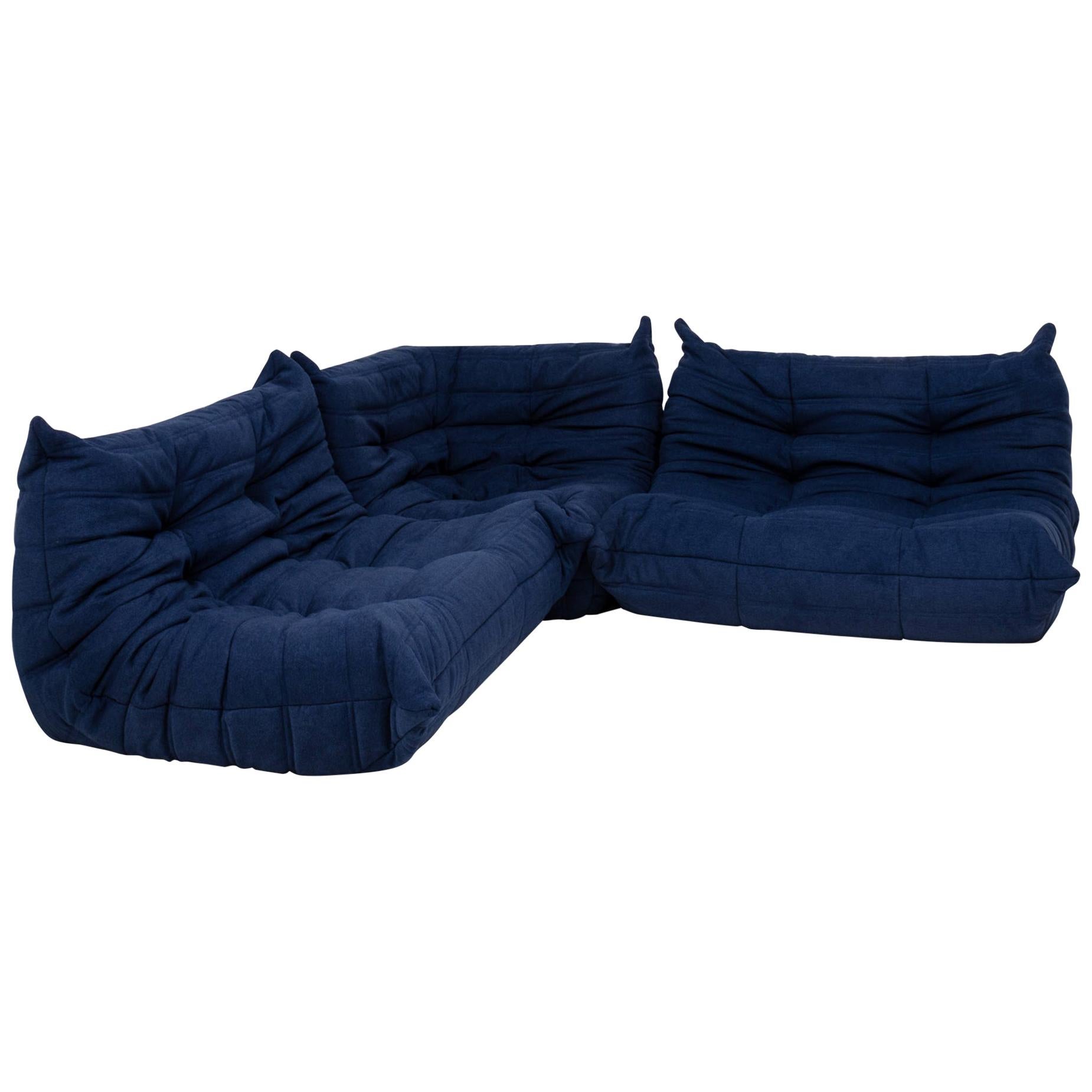 Togo Blue Modular Sofa by Michel Ducaroy for Ligne Roset, Set of 3