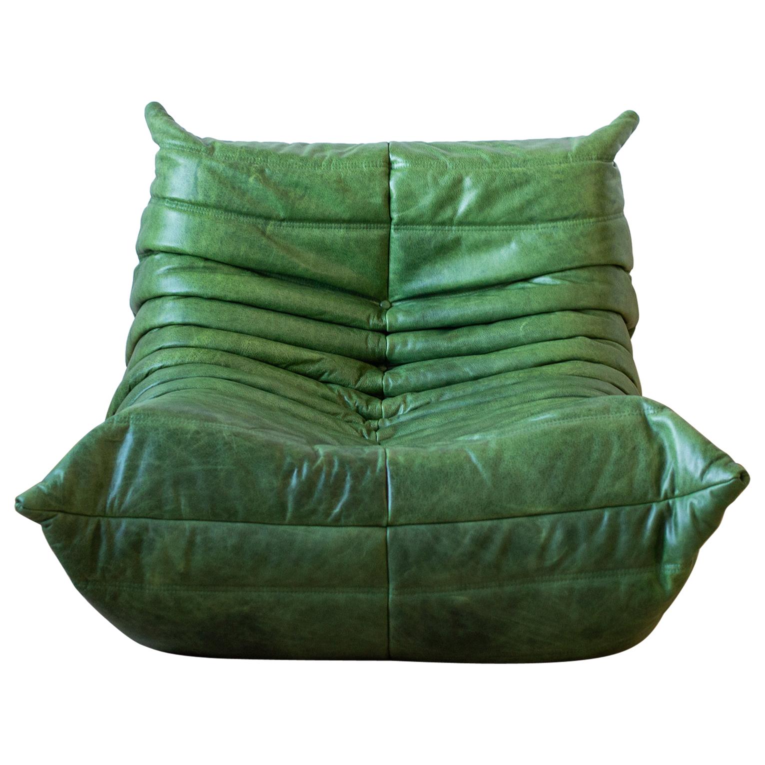 Togo Chair by Michel Ducaroy, Ligne Roset, Dubai Green Leather For Sale