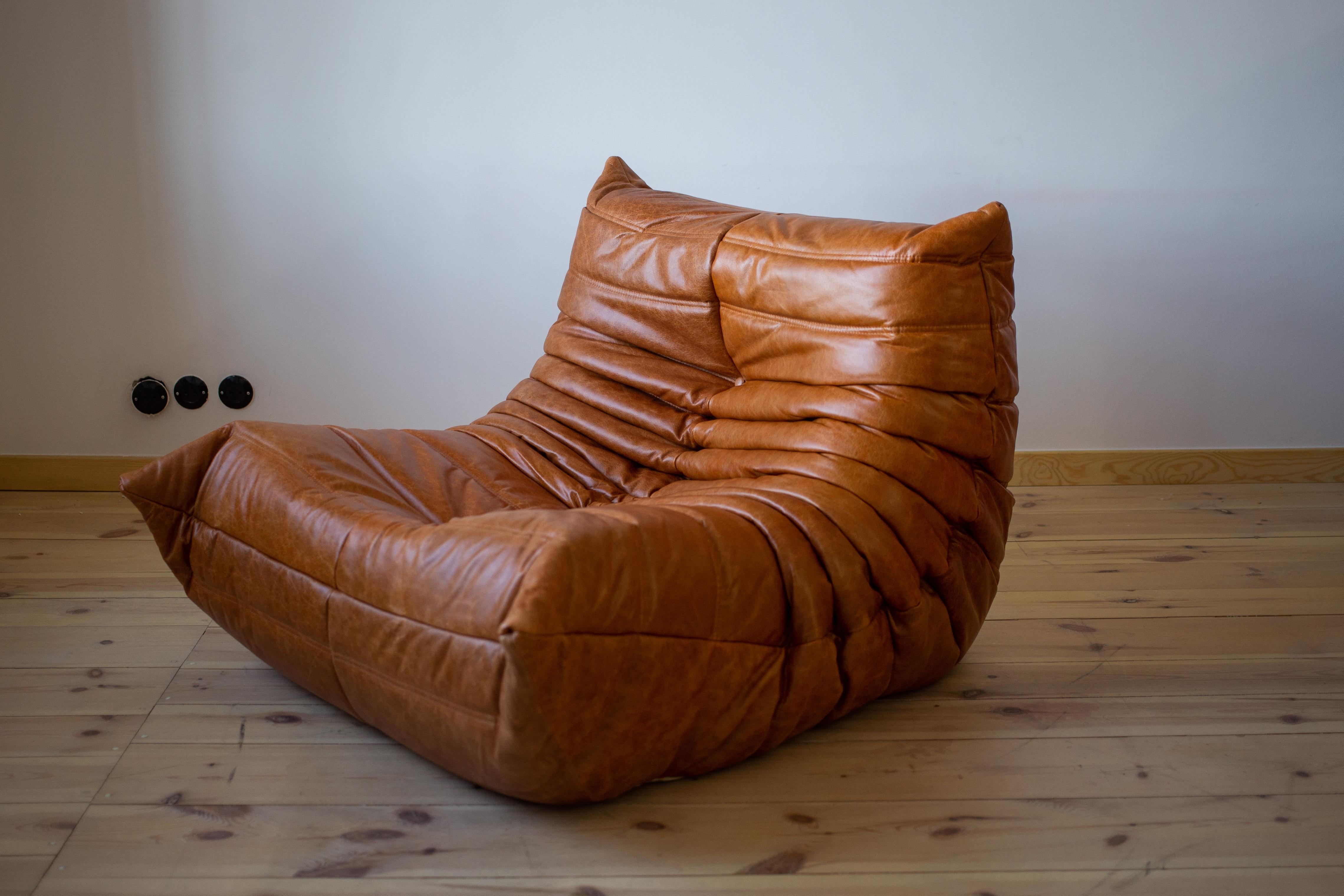 This Togo longue chair was designed by Michel Ducaroy in 1973 and was manufactured by Ligne Roset in France. It has been reupholstered in new Dubai pine leather (87 x 102 x 70 cm). It has the original Ligne Roset logo and genuine Ligne Roset bottom.