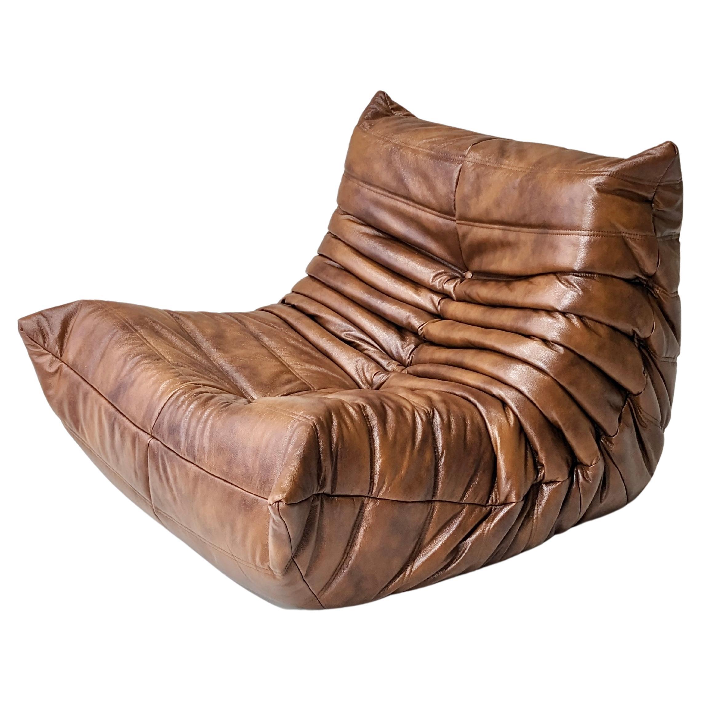 Togo "Chauffeuse" Model in Brown Leather by Michel Ducaroy for Ligne Roset For Sale