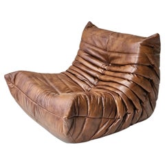 Togo "Chauffeuse" Model in Brown Leather by Michel Ducaroy for Ligne Roset