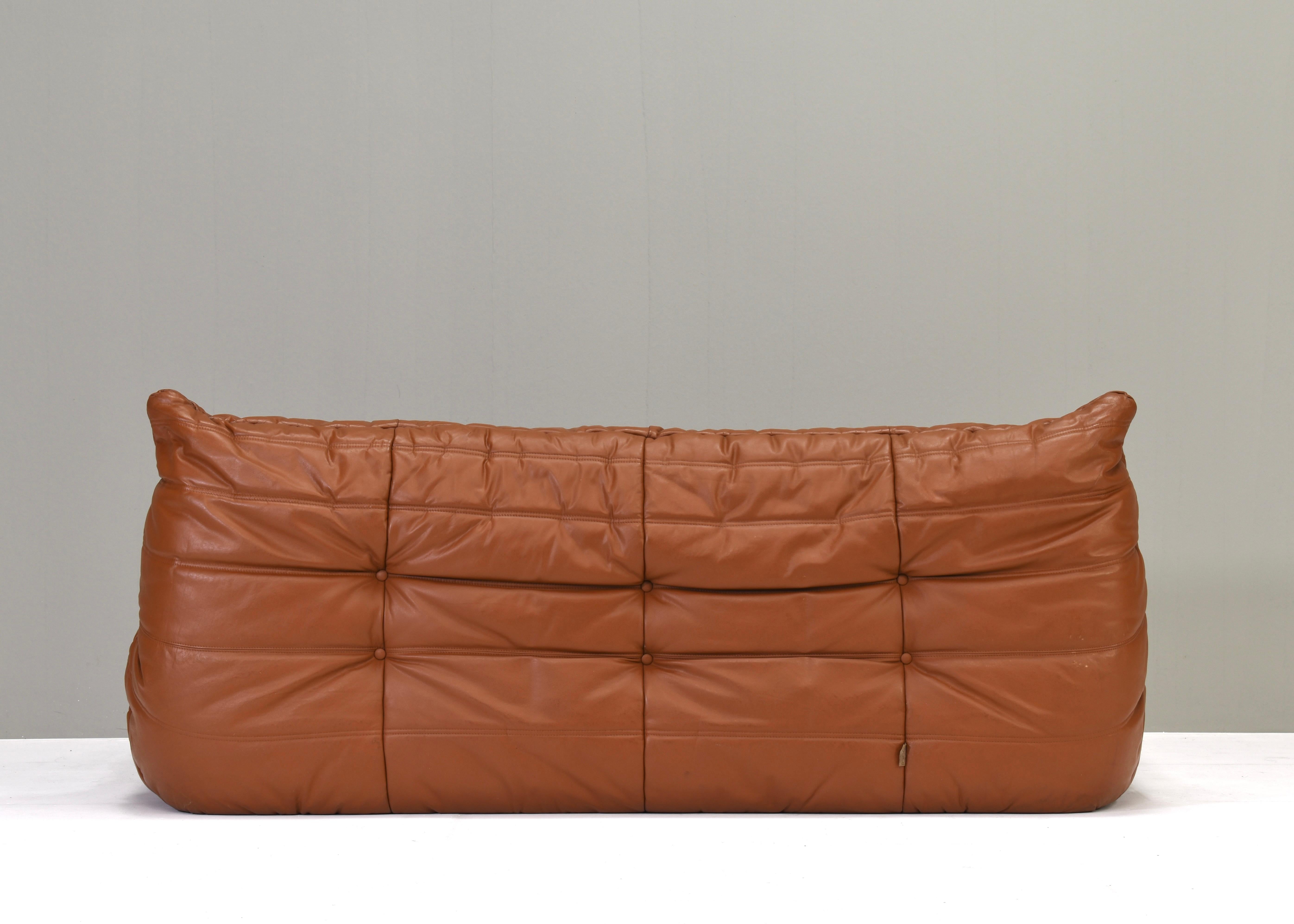 Mid-Century Modern Togo Sofa by Michel Ducaroy for Ligne Roset in Tan Leather France, circa 1970
