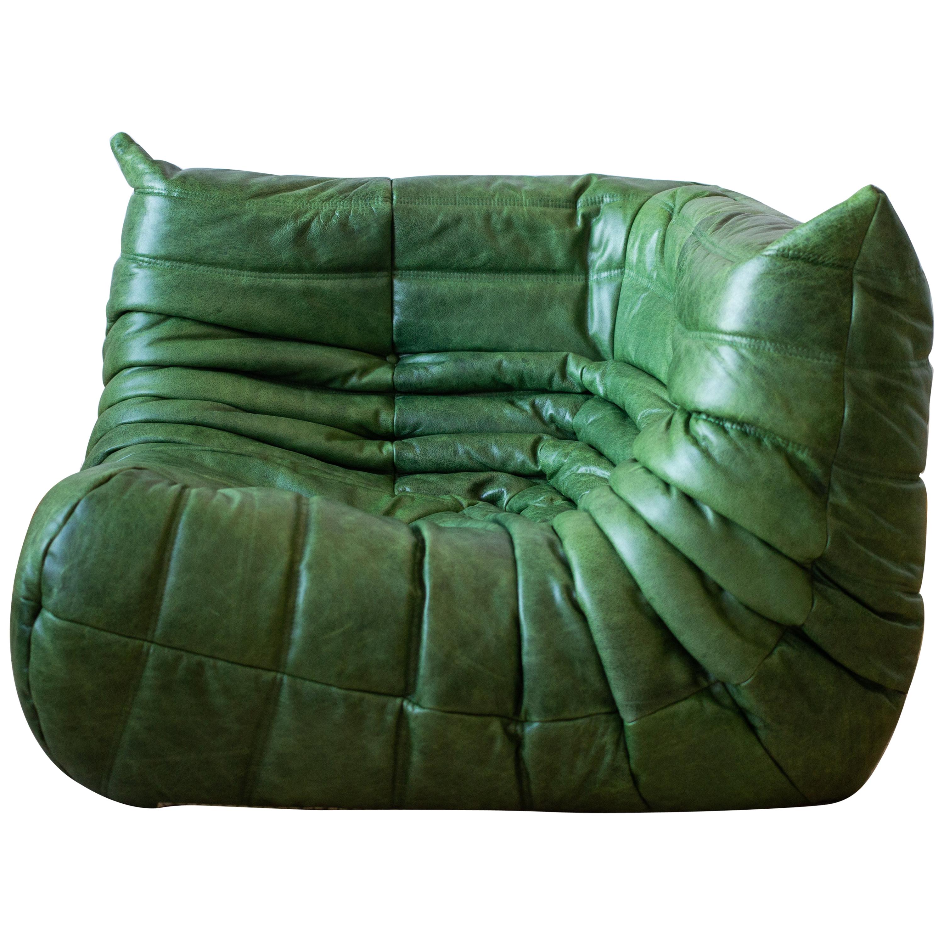 Togo Corner Couch by Michel Ducaroy by Ligne Roset, Dubai Green Leather