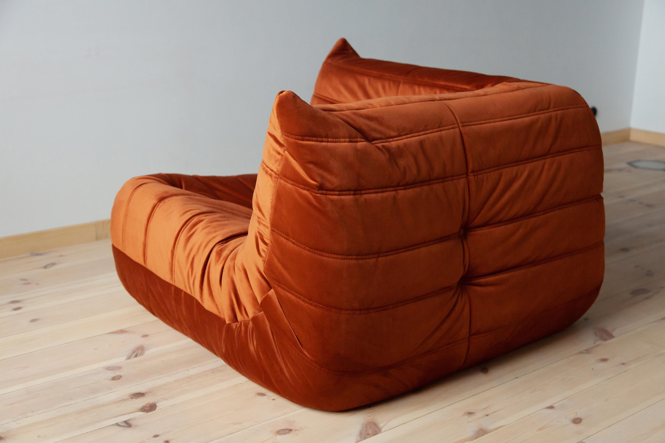 Mid-Century Modern Togo Corner Couch in Amber Velvet by Michel Ducaroy by Ligne Roset For Sale