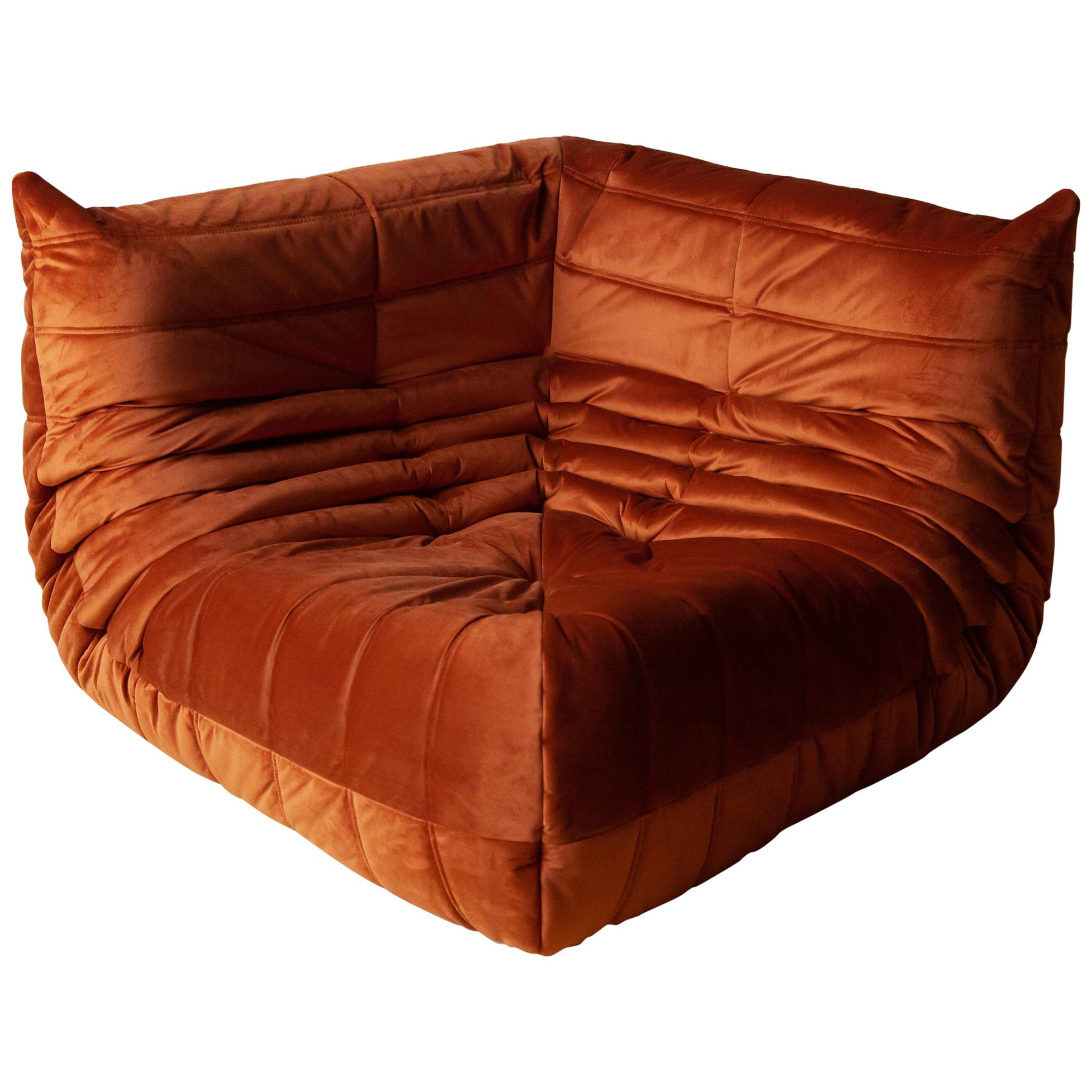 Togo Corner Couch in Amber Velvet by Michel Ducaroy by Ligne Roset For Sale