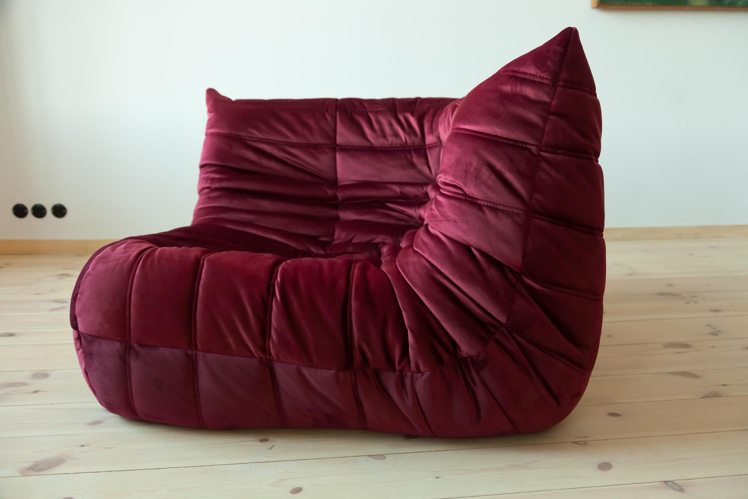 French Togo Corner Couch in Burgundy Velvet by Michel Ducaroy by Ligne Roset For Sale