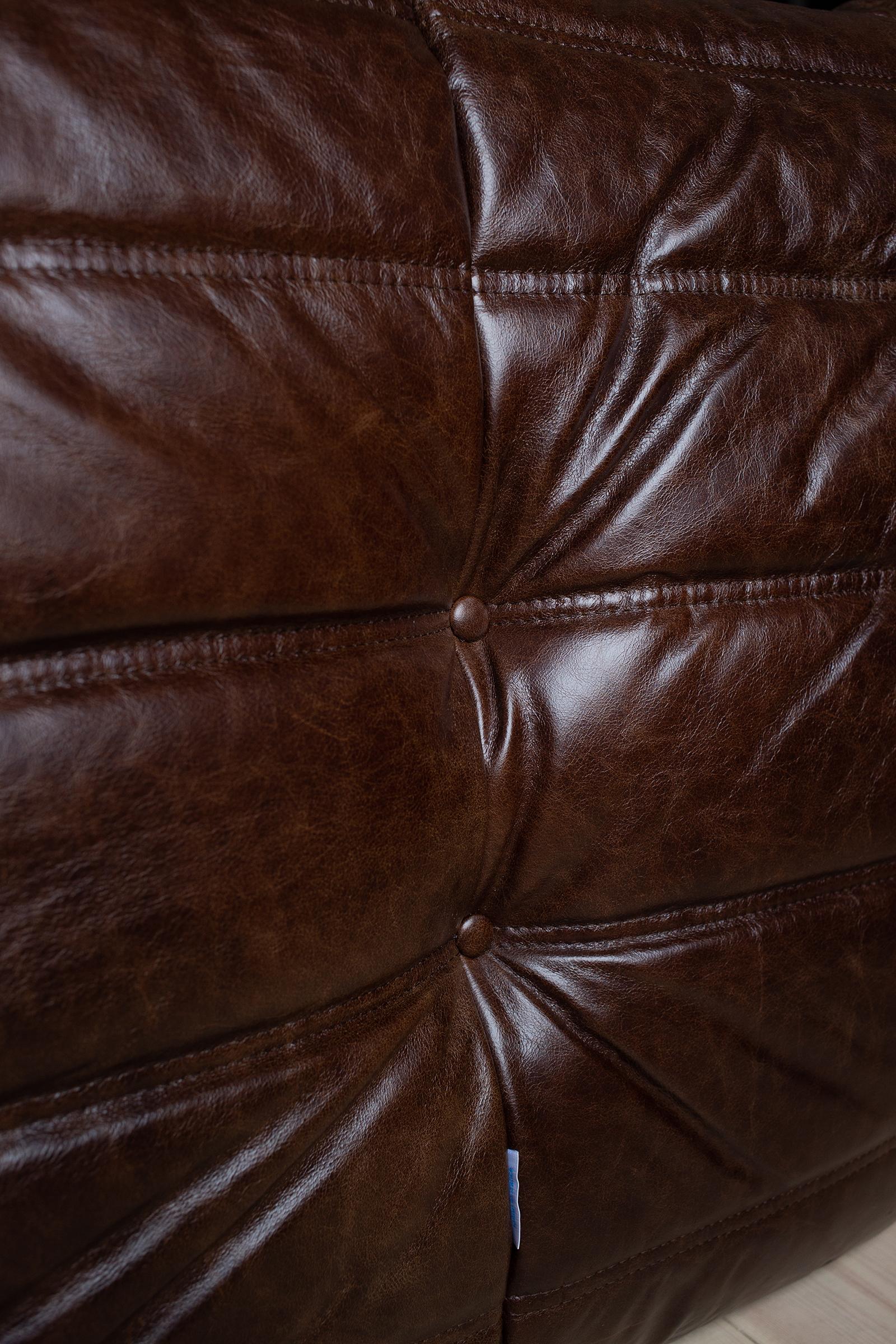 French Togo Corner Couch in Dubai Brown Leather by Michel Ducaroy by Ligne Roset For Sale