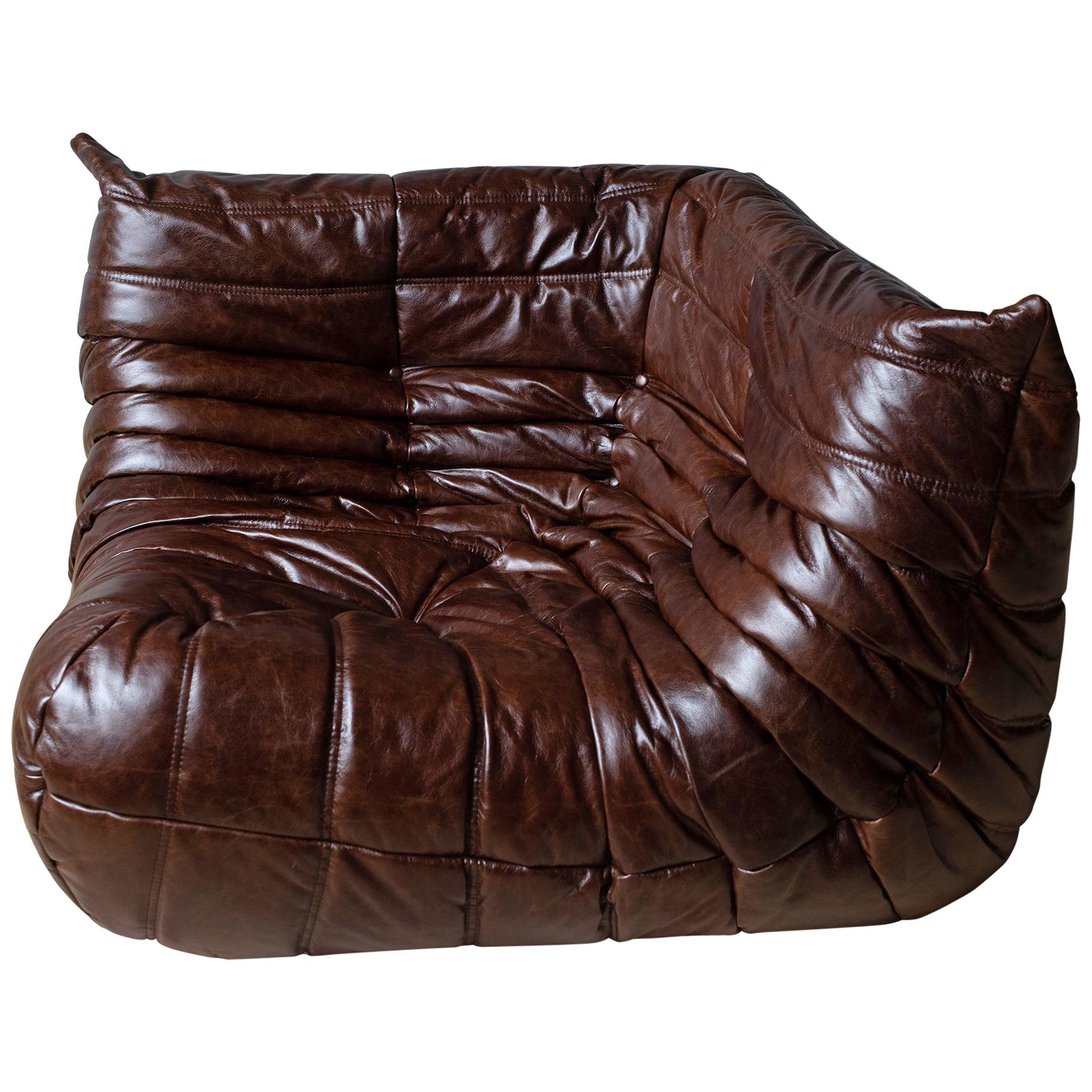 Togo Corner Couch in Dubai Brown Leather by Michel Ducaroy by Ligne Roset For Sale