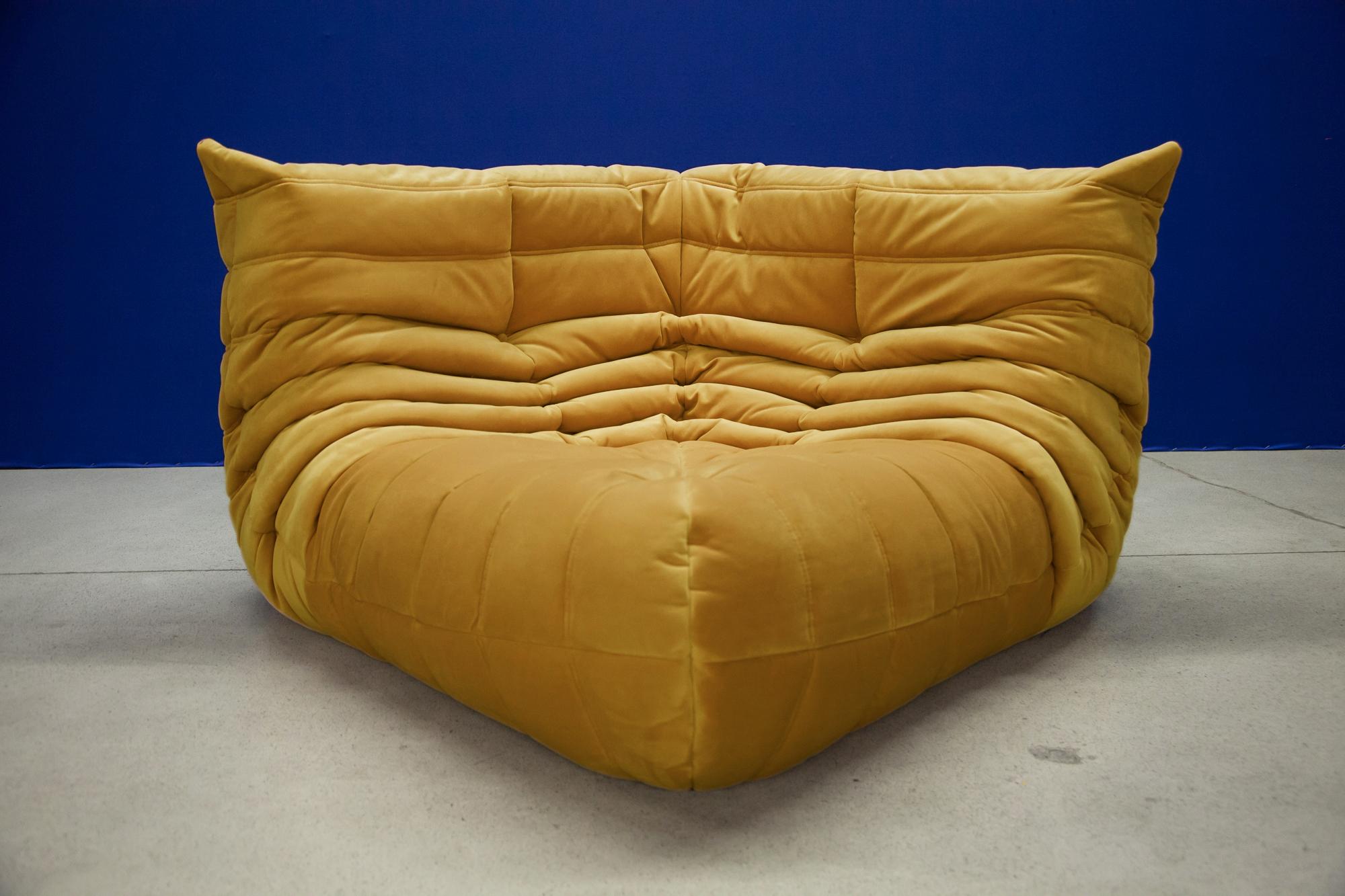 French Togo Corner Couch in Golden Yellow Velvet by Michel Ducaroy by Ligne Roset For Sale