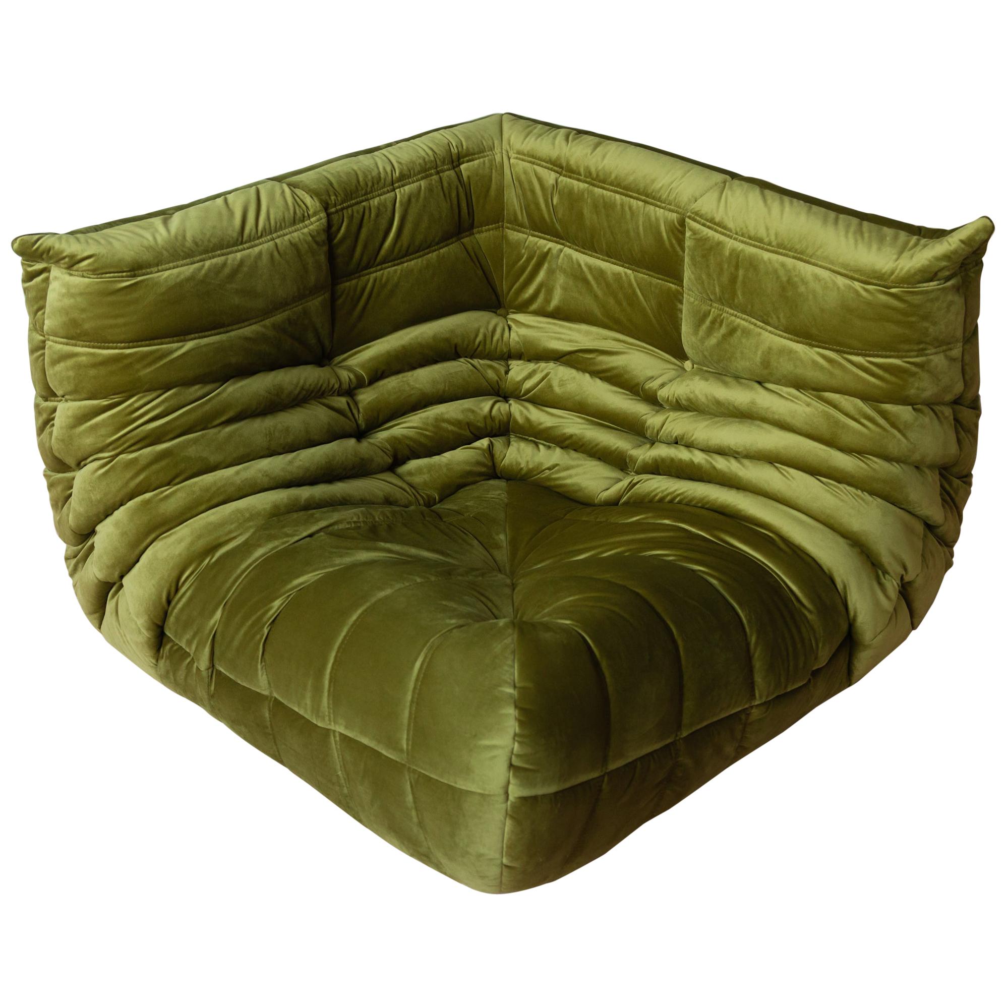 Togo Corner Couch in Green Velvet by Michel Ducaroy for Ligne Roset For Sale