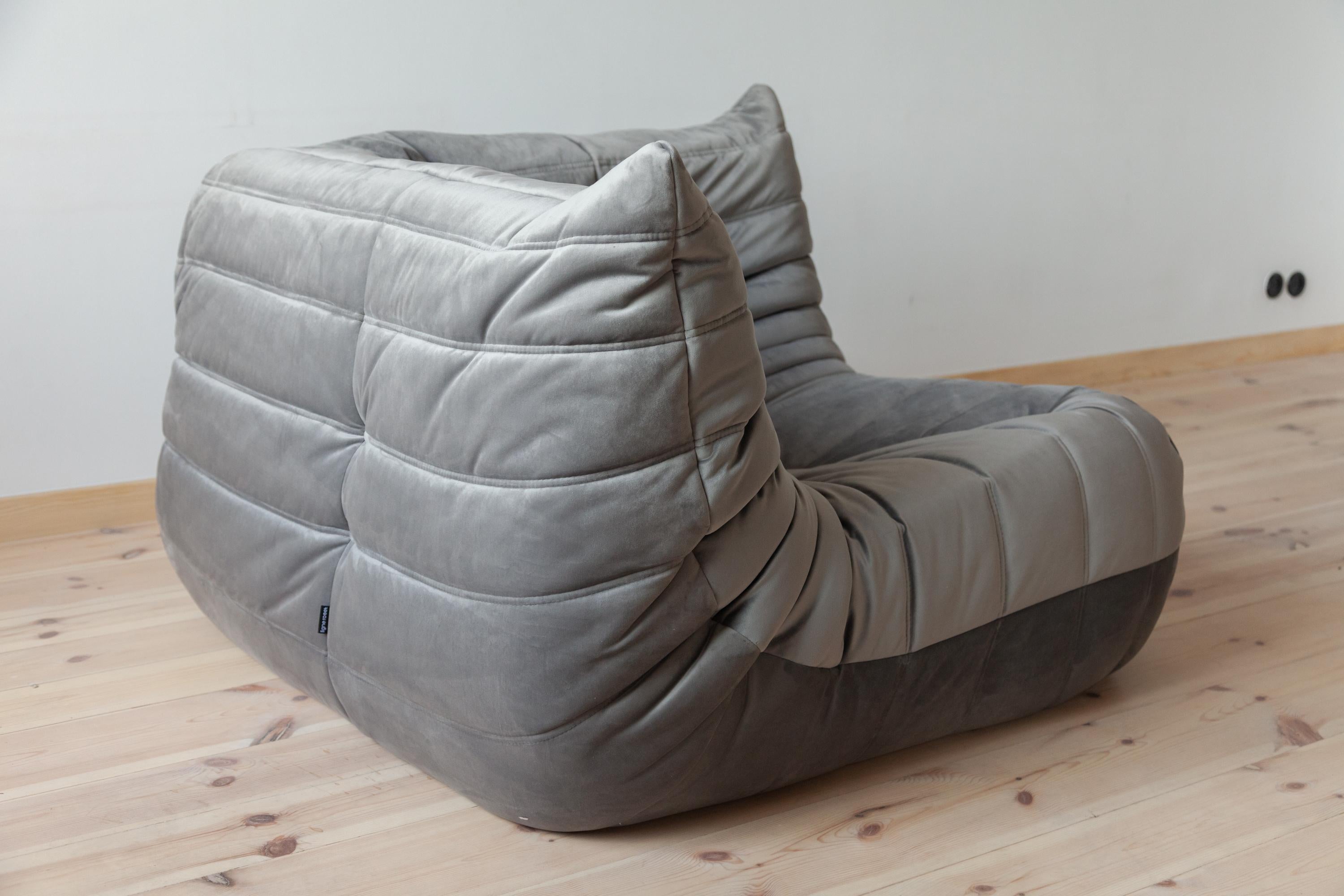 Togo Corner Couch in Grey Velvet by Michel Ducaroy for Ligne Roset For Sale 2