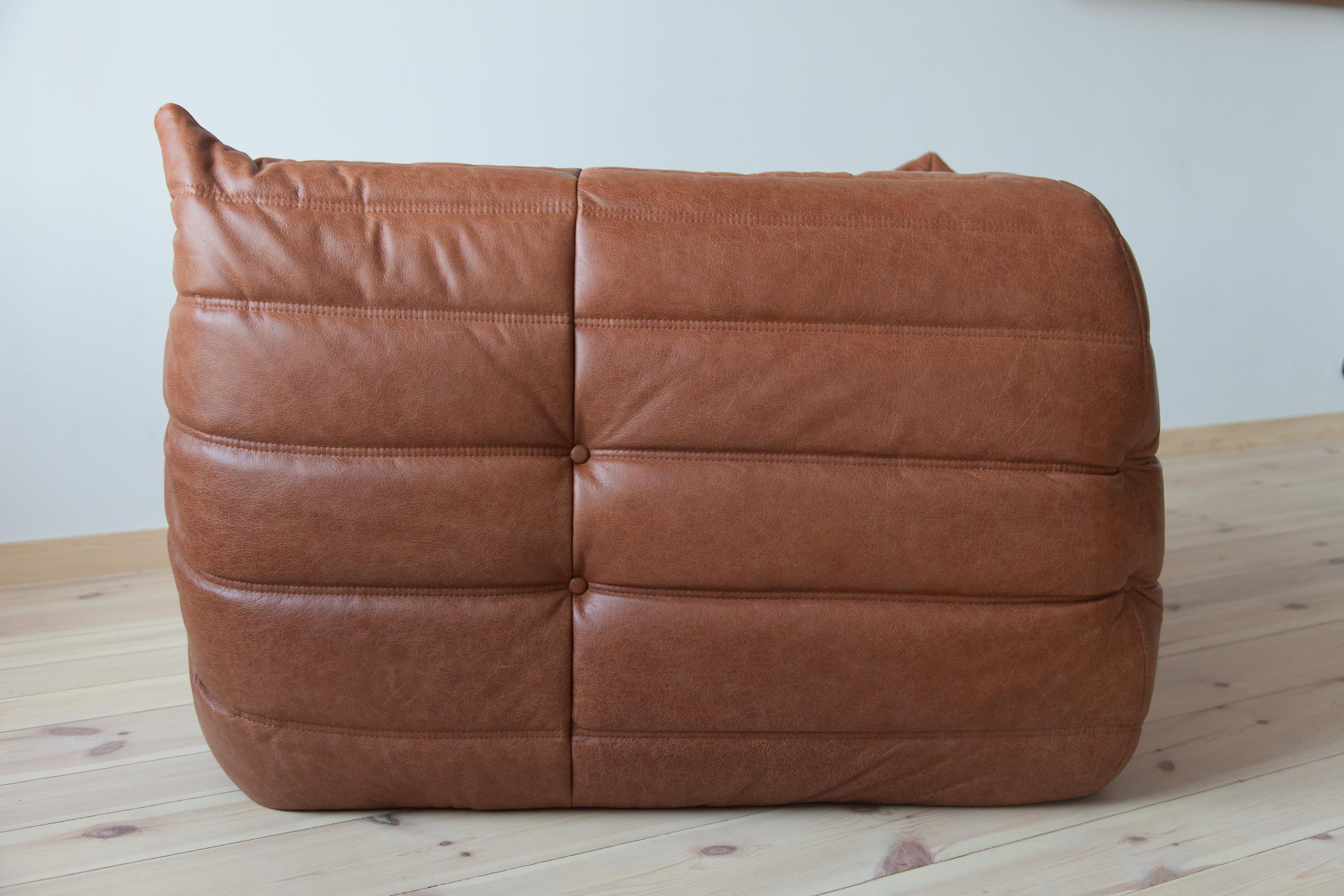 French Togo Corner Couch in Kentucky Brown Leather by Michel Ducaroy by Ligne Roset For Sale