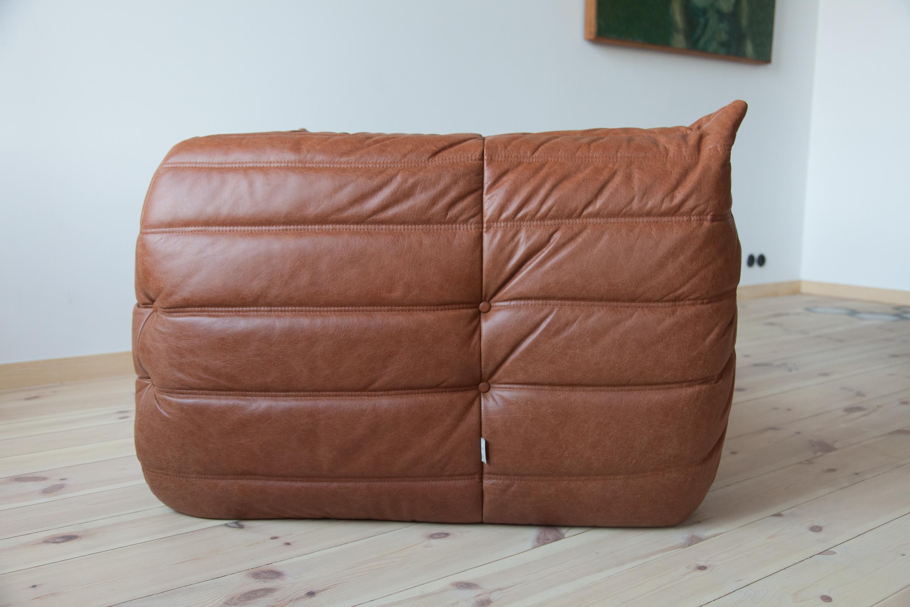 Togo Corner Couch in Kentucky Brown Leather by Michel Ducaroy by Ligne Roset For Sale 1