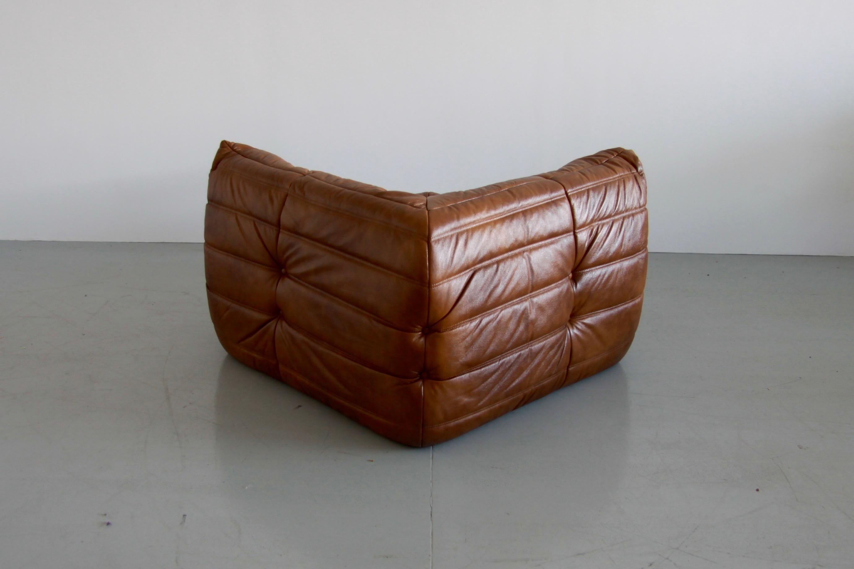 French Togo Corner Couch in Whiskey Leather by Michel Ducaroy by Ligne Roset For Sale