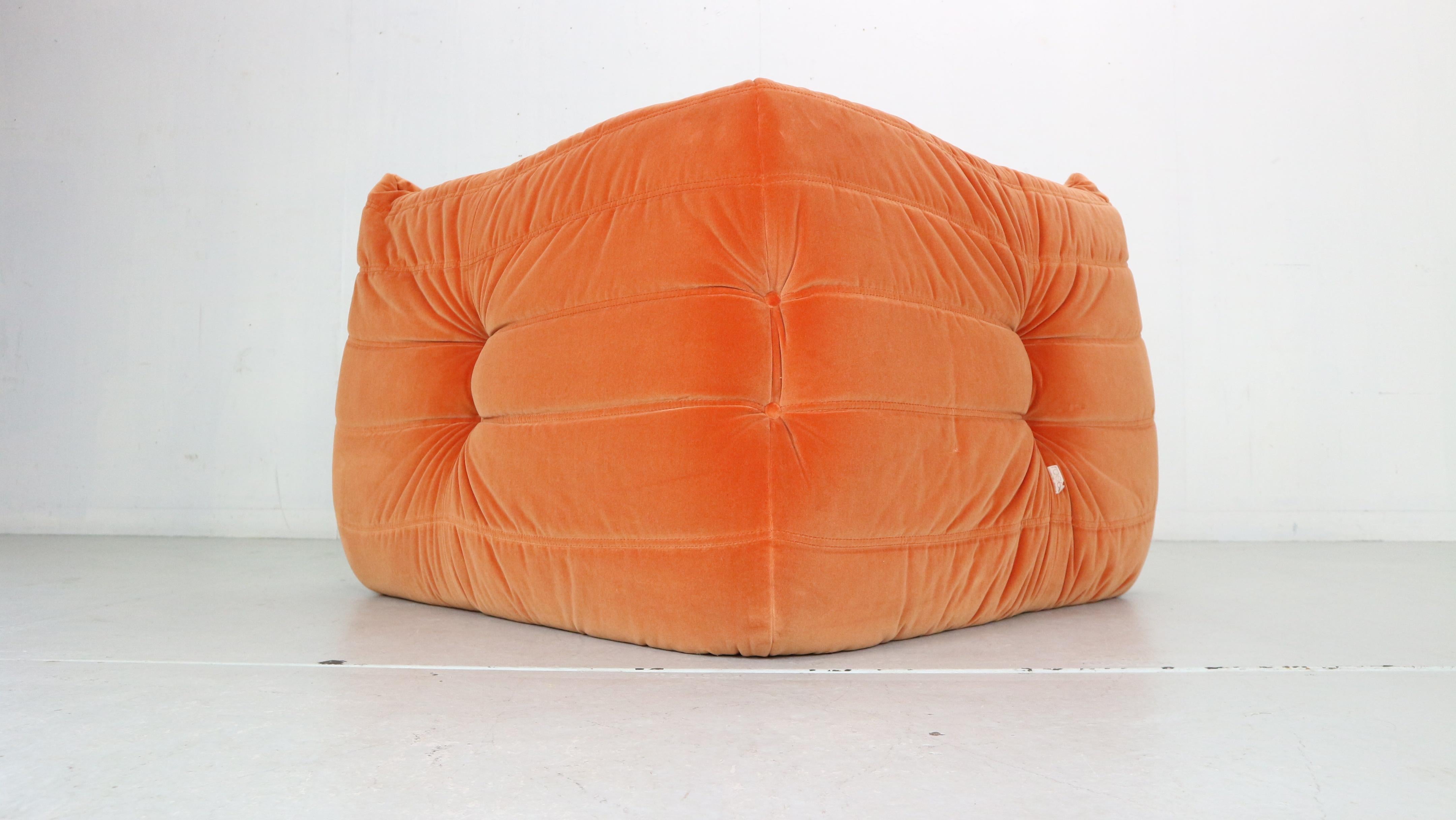 Fabric Togo Corner Lounge Chair by Michel Ducaroy for Ligne Roset in Orang Velvet, 1973