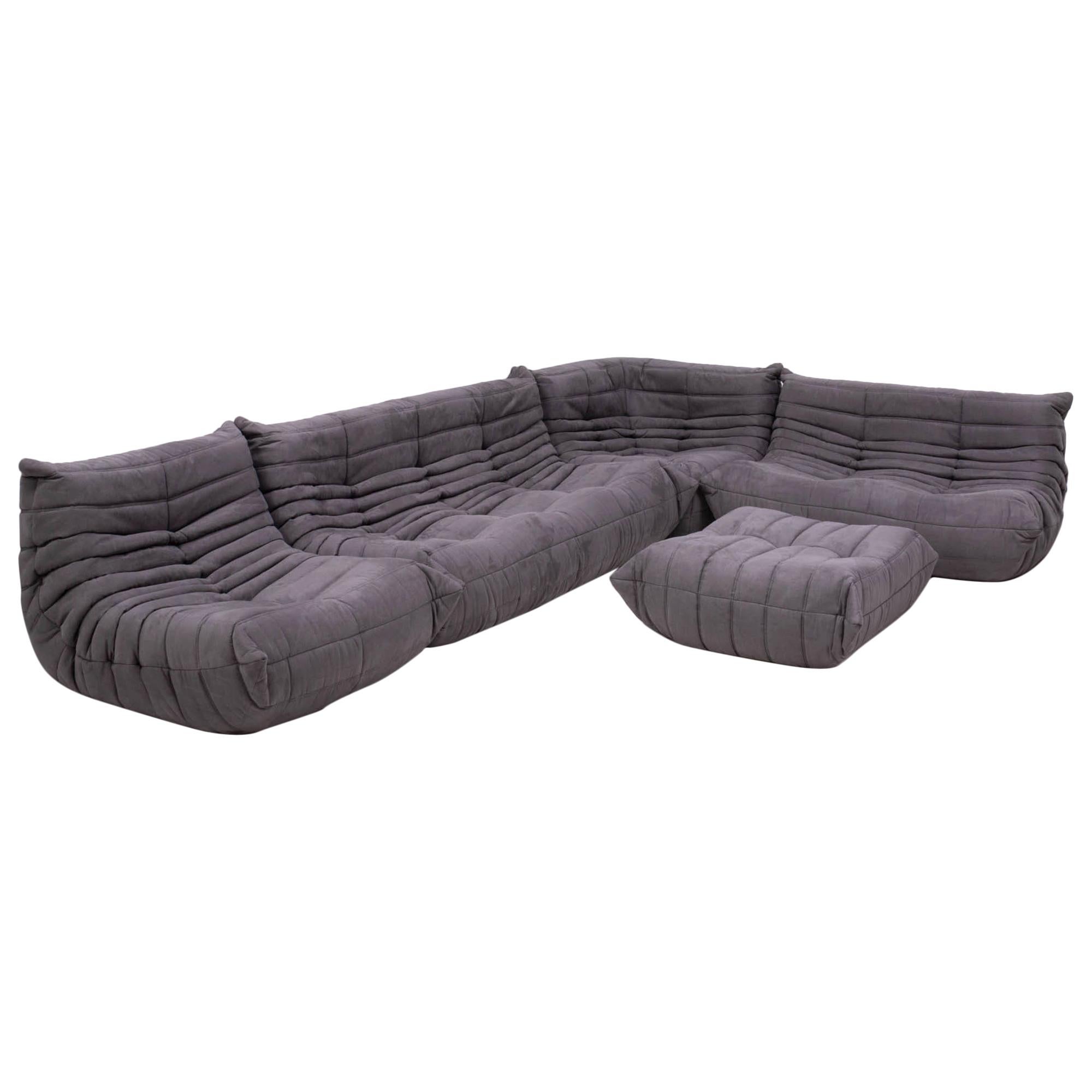 Togo Grey Modular Sofa and Footstool by Michel Ducaroy for Ligne Roset, Set of 5