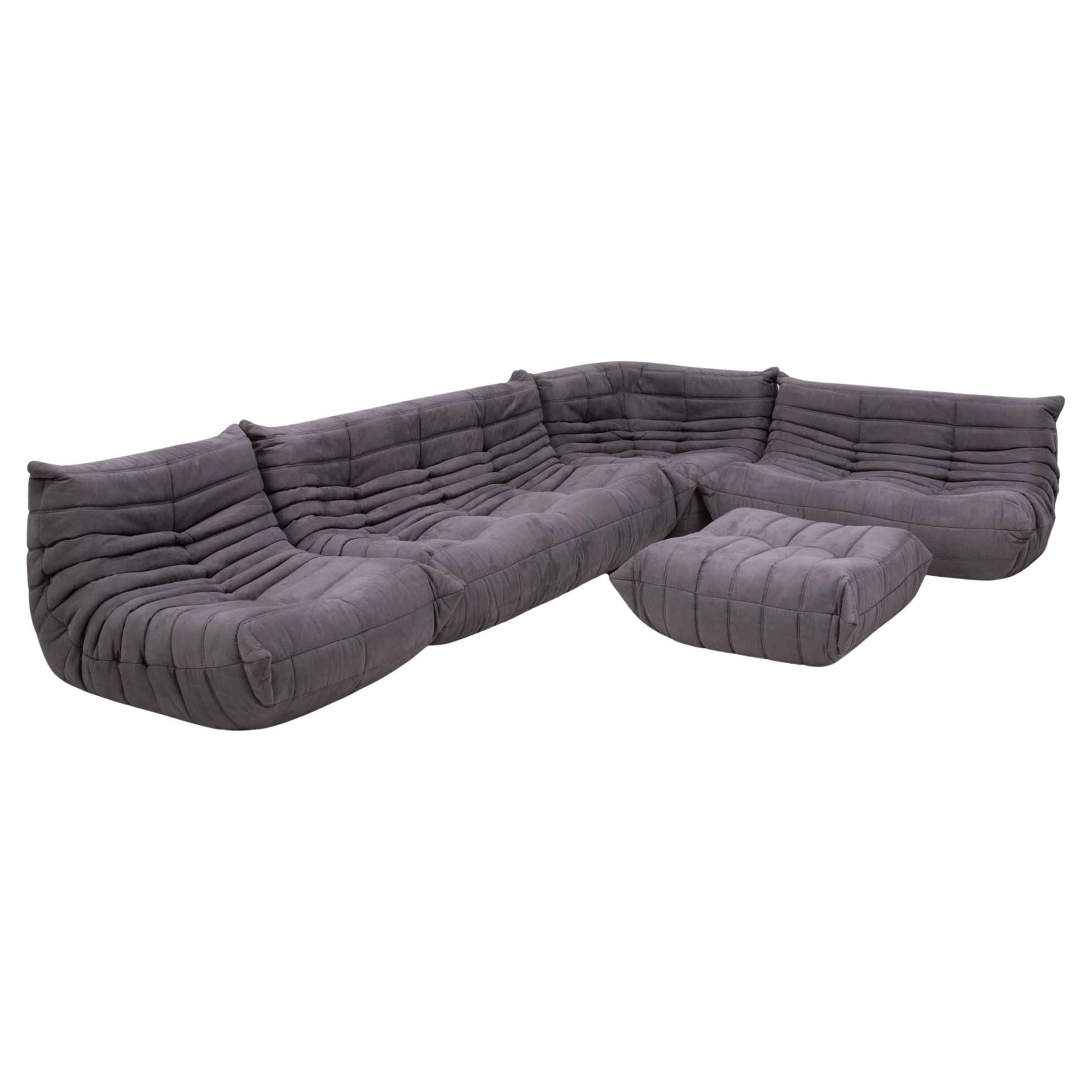 Togo Grey Modular Sofa and Footstool by Michel Ducaroy for Ligne Roset, Set of 5 For Sale
