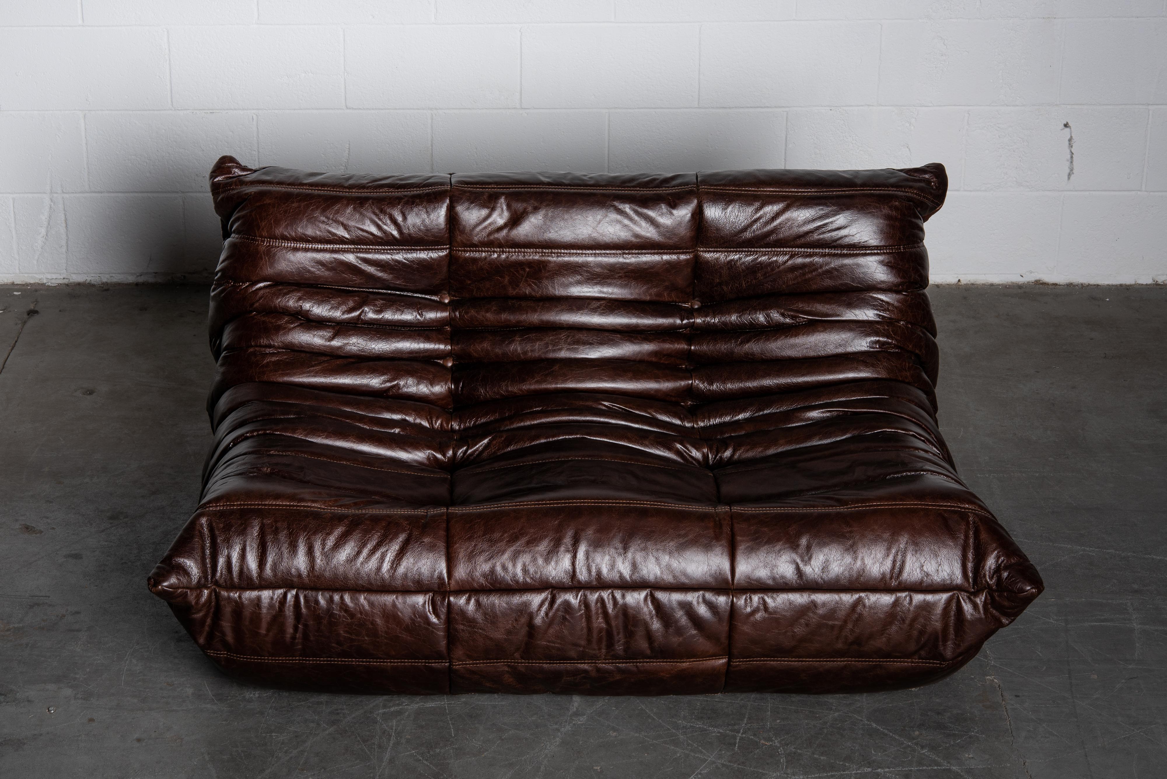 Modern 'Togo' Leather Loveseat by Michel Ducaroy for Ligne Roset, Signed