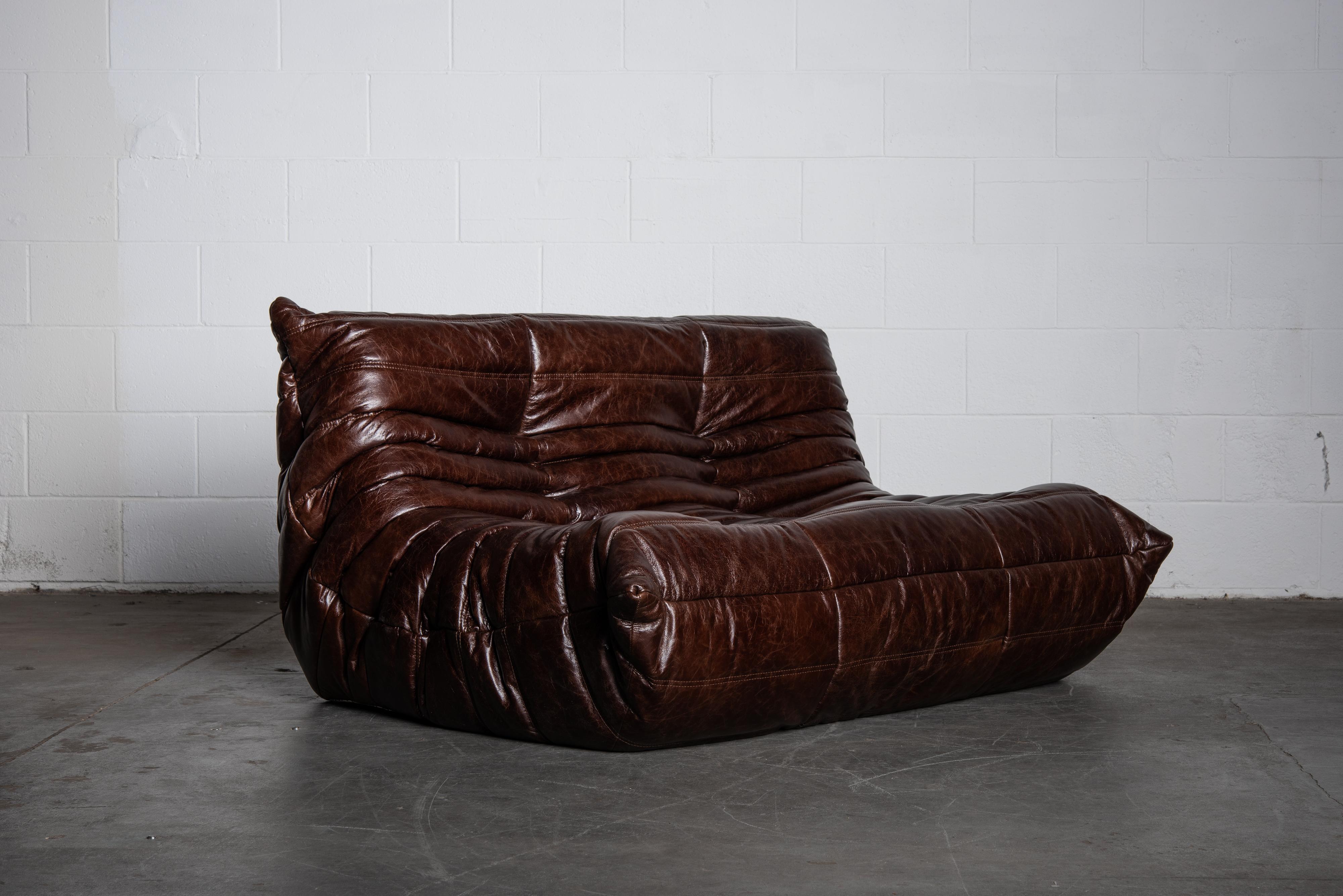 French 'Togo' Leather Loveseat by Michel Ducaroy for Ligne Roset, Signed