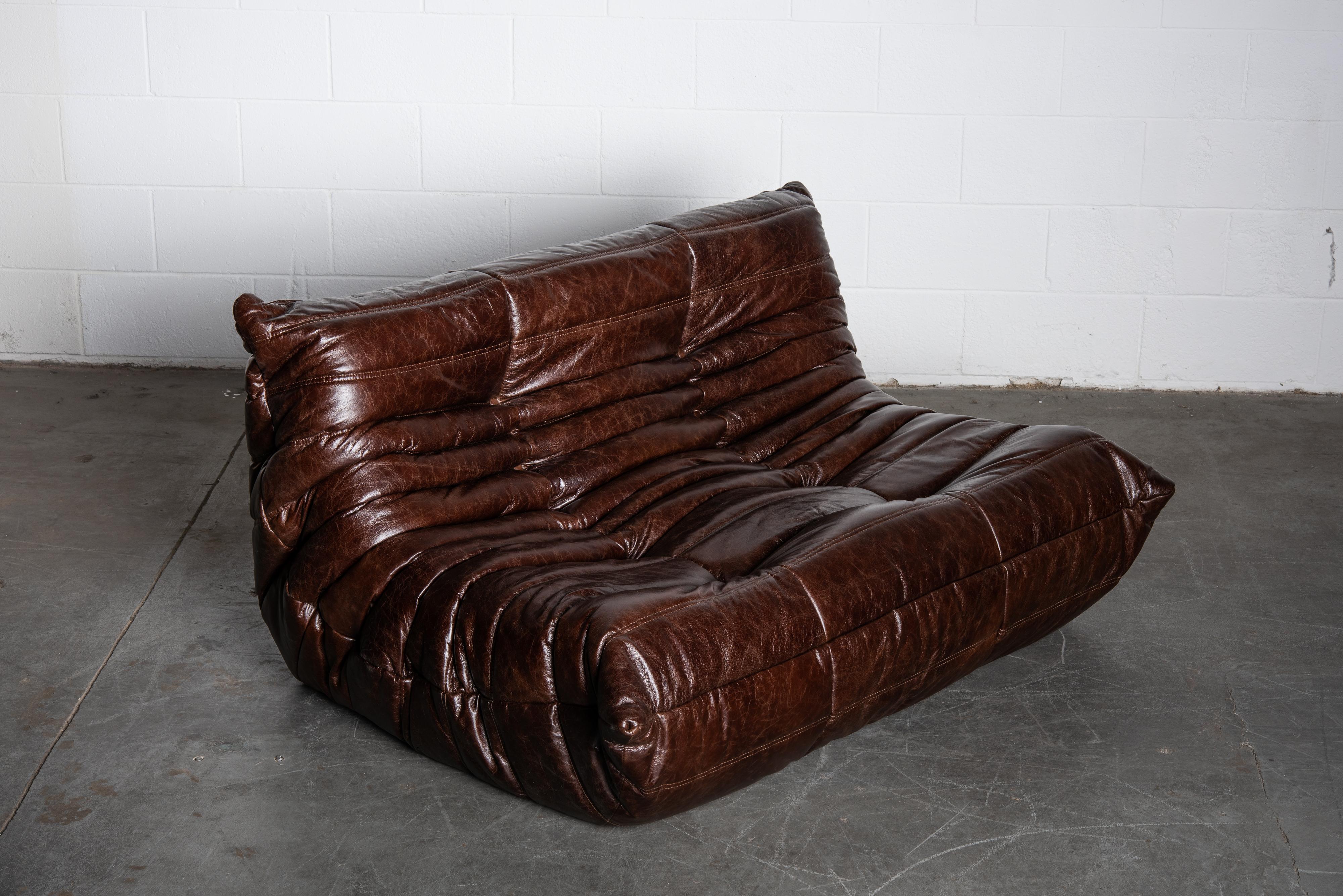 Late 20th Century 'Togo' Leather Loveseat by Michel Ducaroy for Ligne Roset, Signed