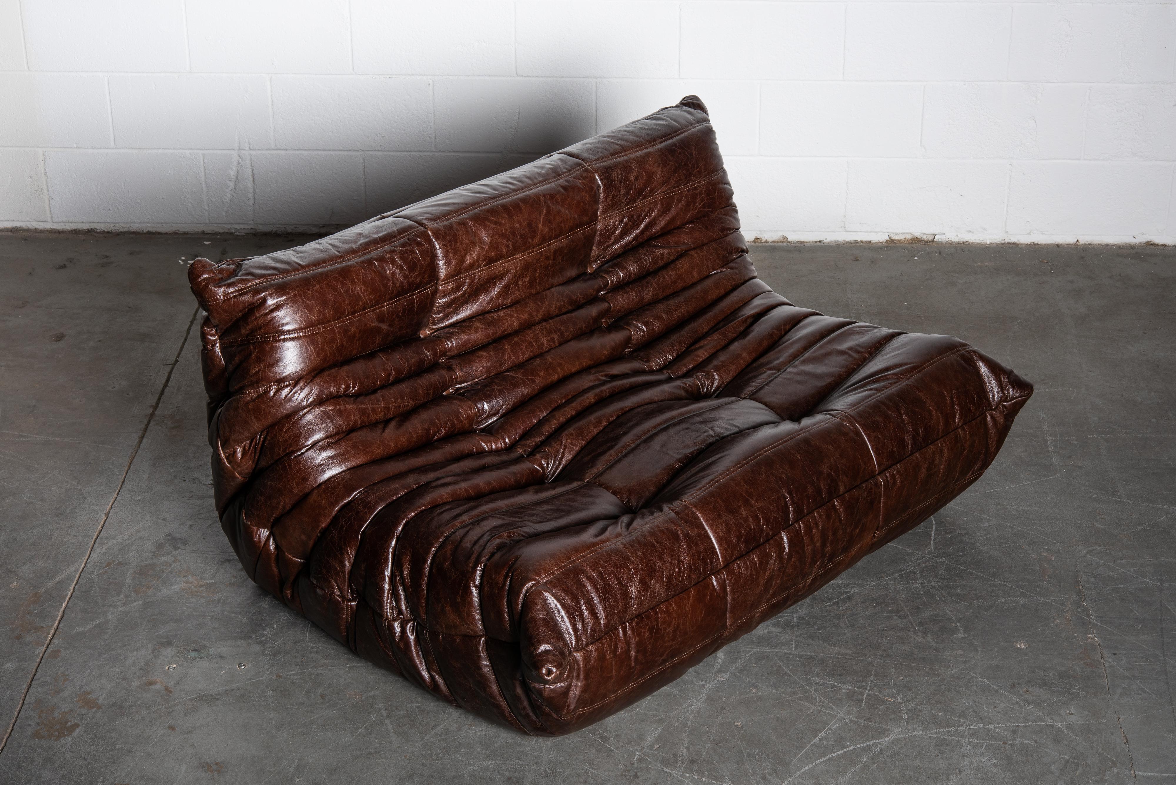'Togo' Leather Loveseat by Michel Ducaroy for Ligne Roset, Signed 1