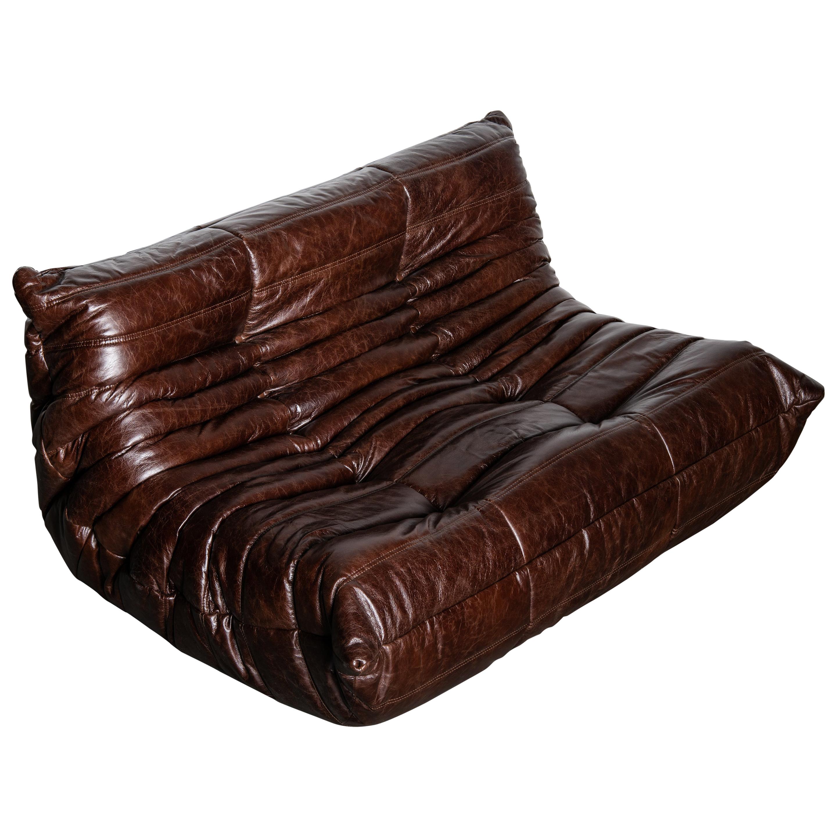 'Togo' Leather Loveseat by Michel Ducaroy for Ligne Roset, Signed