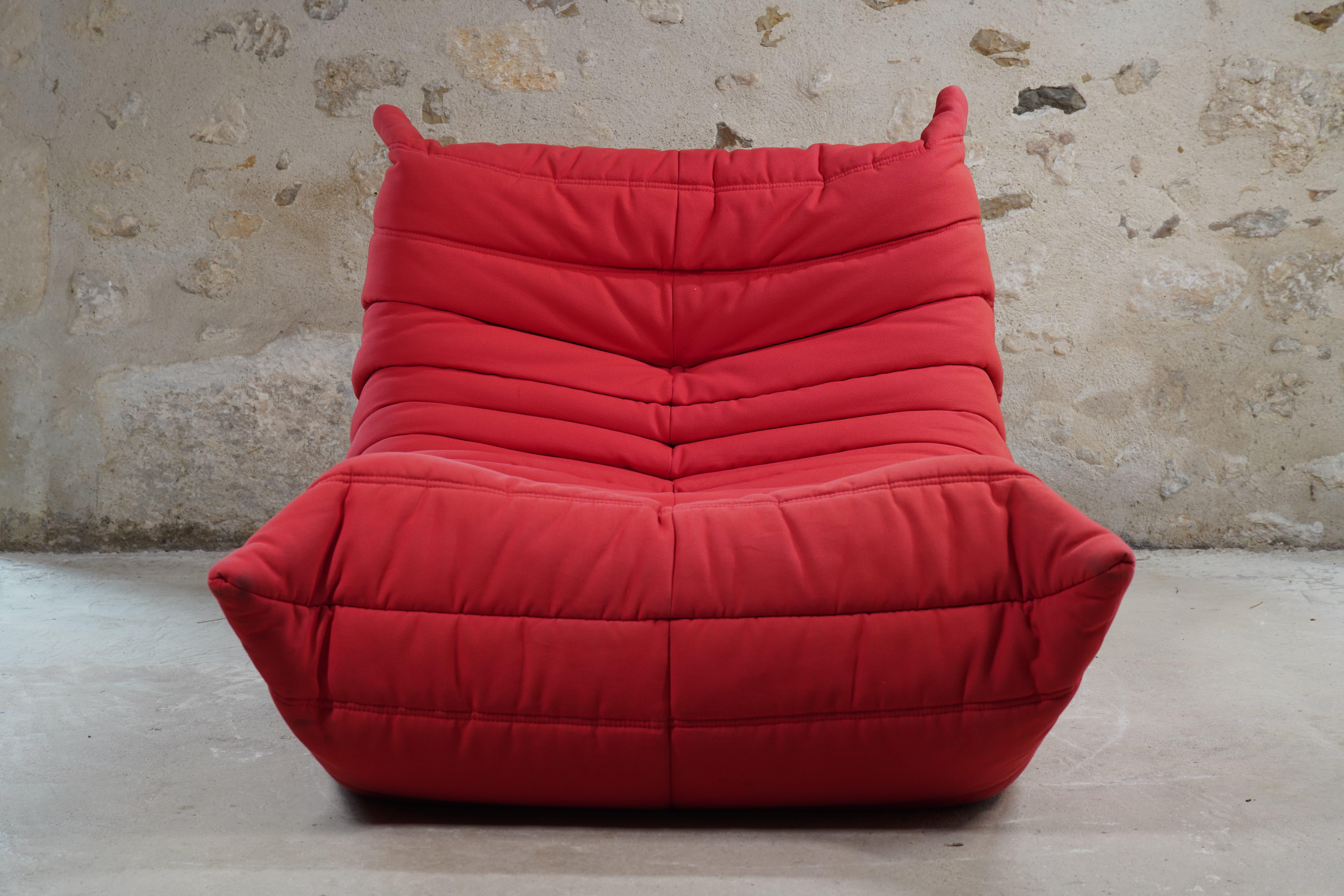 Mid-Century Modern Togo Ligne Roset red armchair and ottoman by Michel Ducaroy