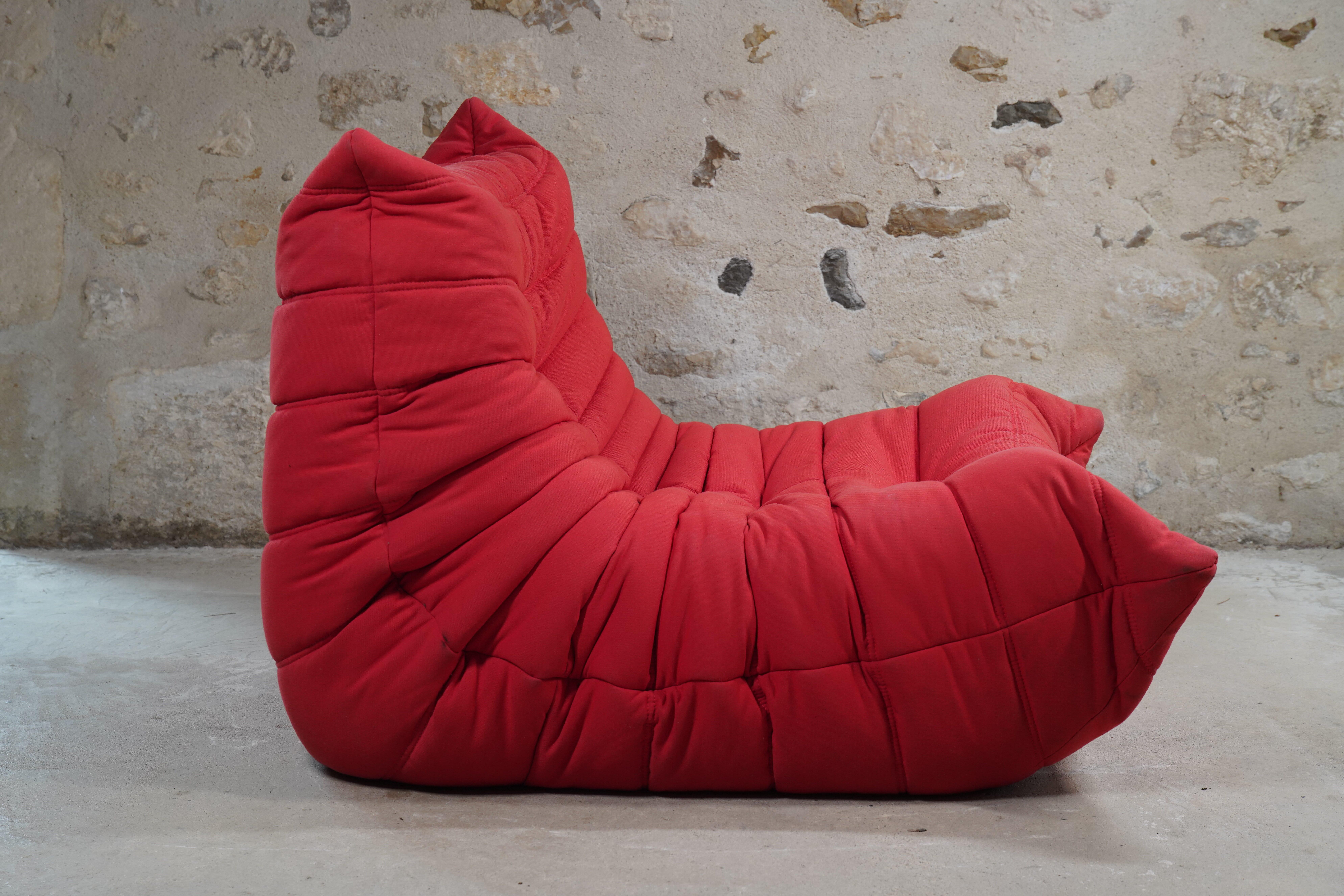 French Togo Ligne Roset red armchair and ottoman by Michel Ducaroy