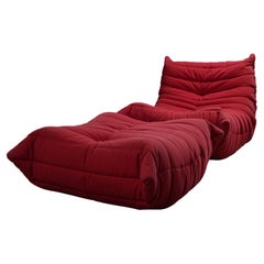 Used Togo Ligne Roset red armchair and ottoman by Michel Ducaroy