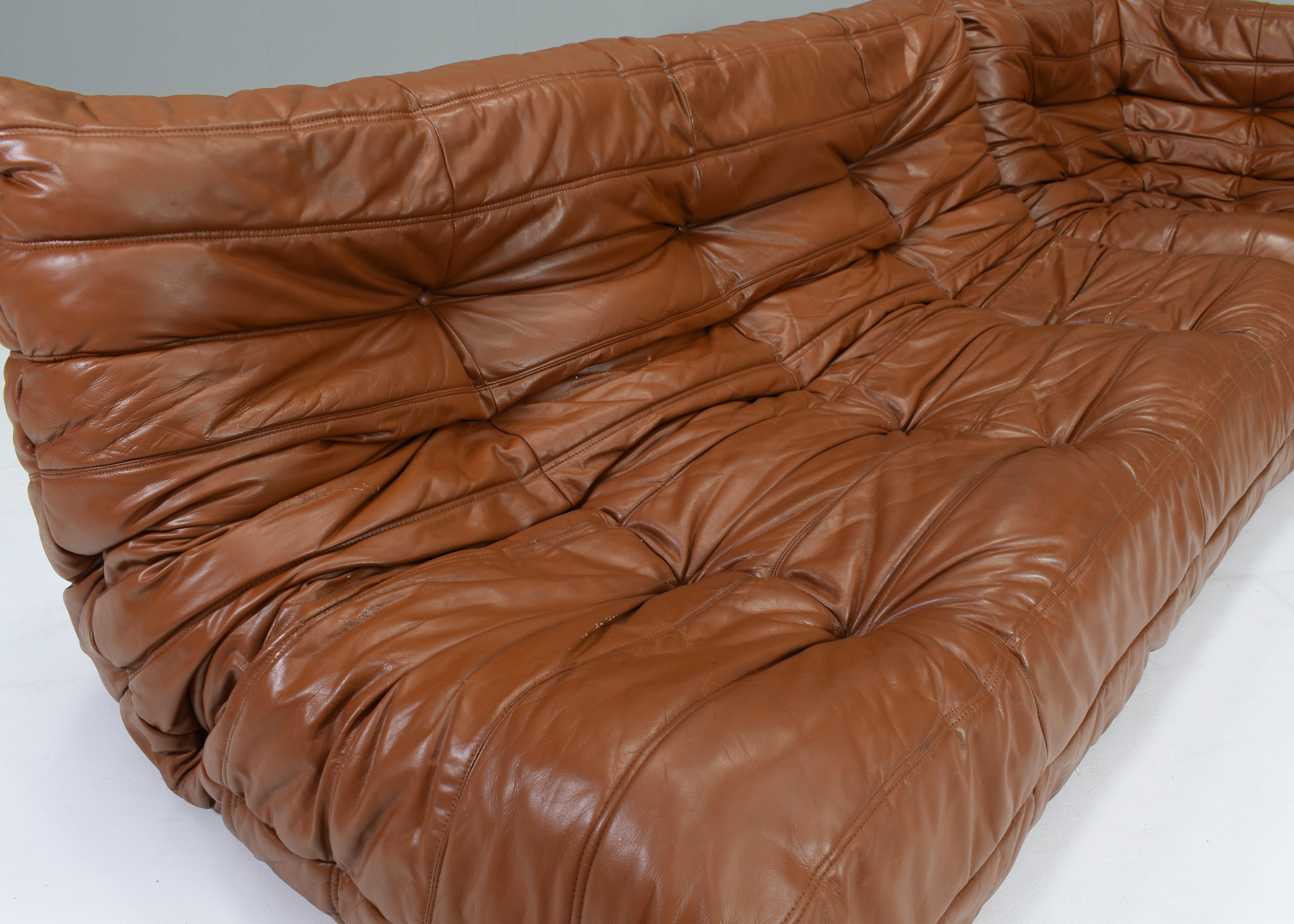 Togo Ligne Roset Sofa by Michel Ducaroy in Tan Leather, France, circa 1970 1