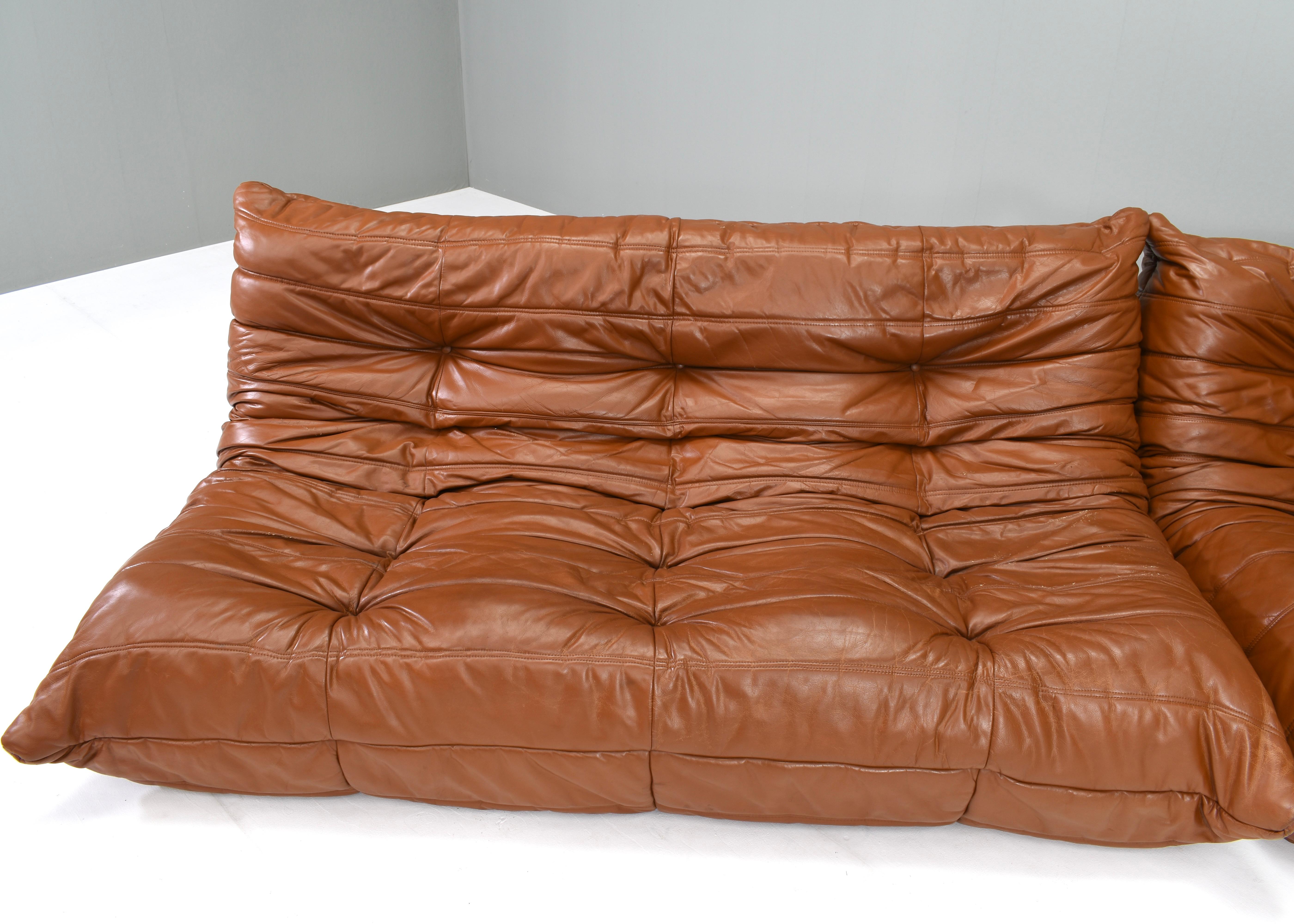 Togo Ligne Roset Sofa by Michel Ducaroy in Tan Leather, France, circa 1970 2