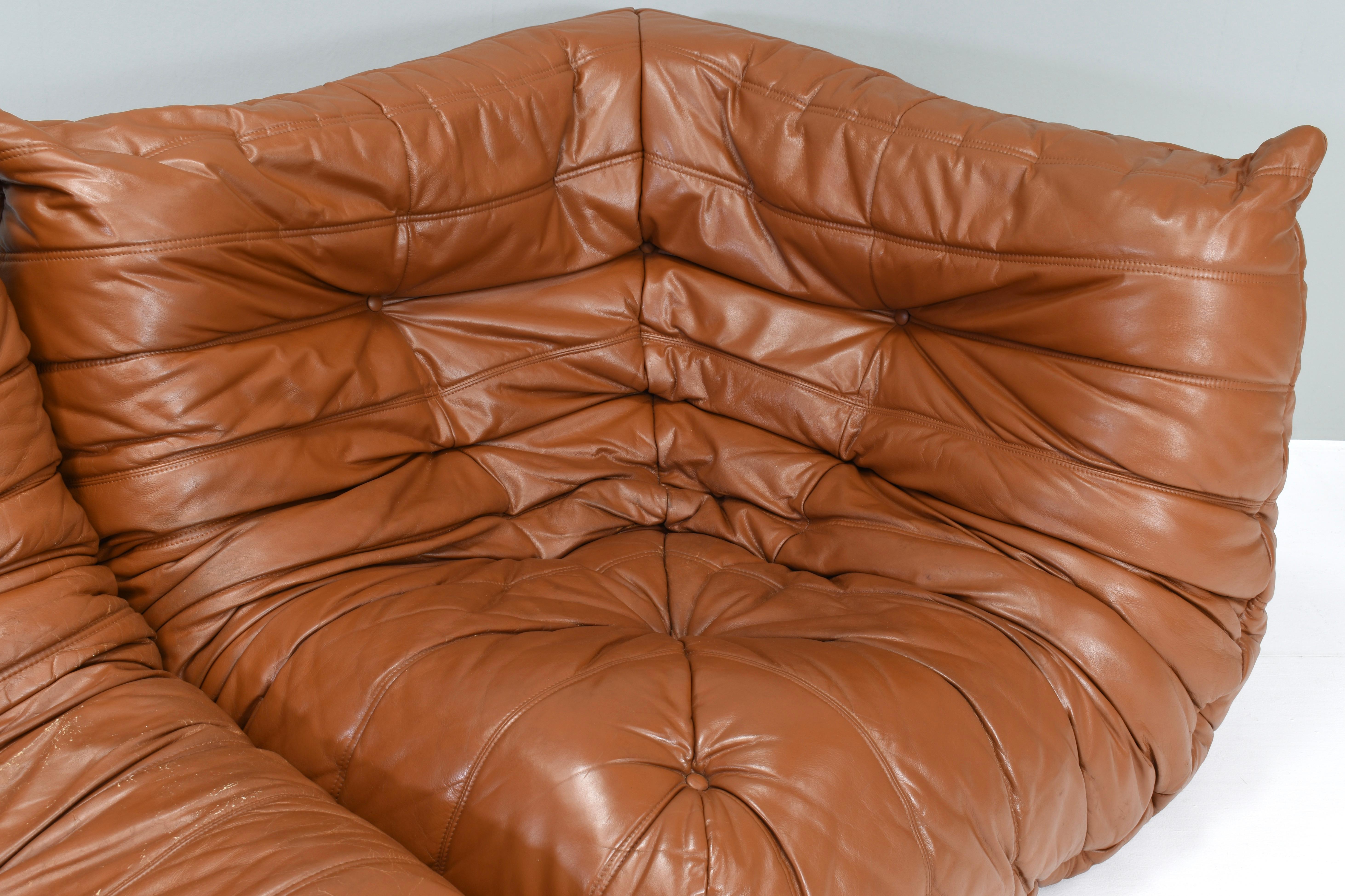 Togo Ligne Roset Sofa by Michel Ducaroy in Tan Leather, France, circa 1970 3