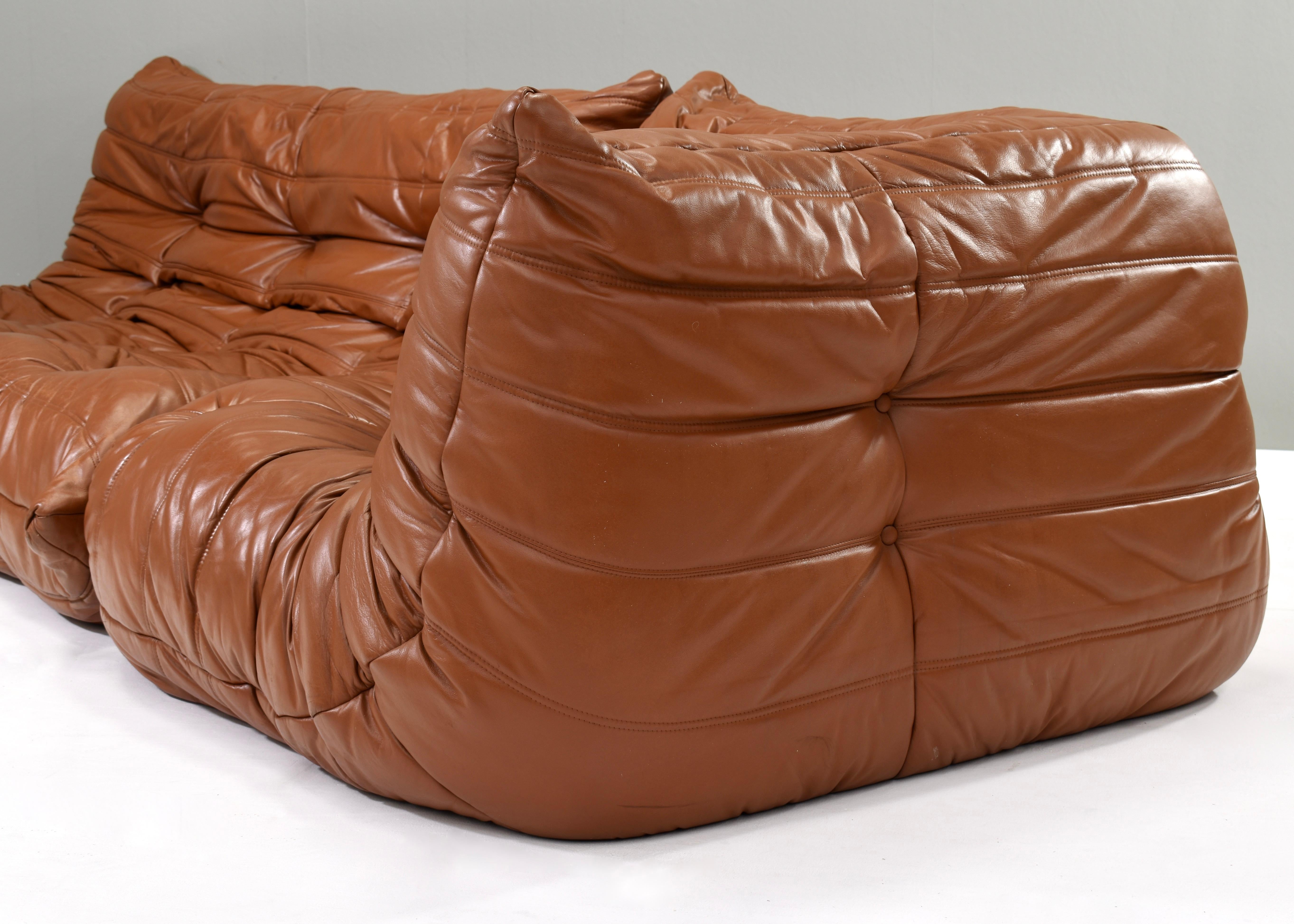 Togo Ligne Roset Sofa by Michel Ducaroy in Tan Leather, France, circa 1970 6