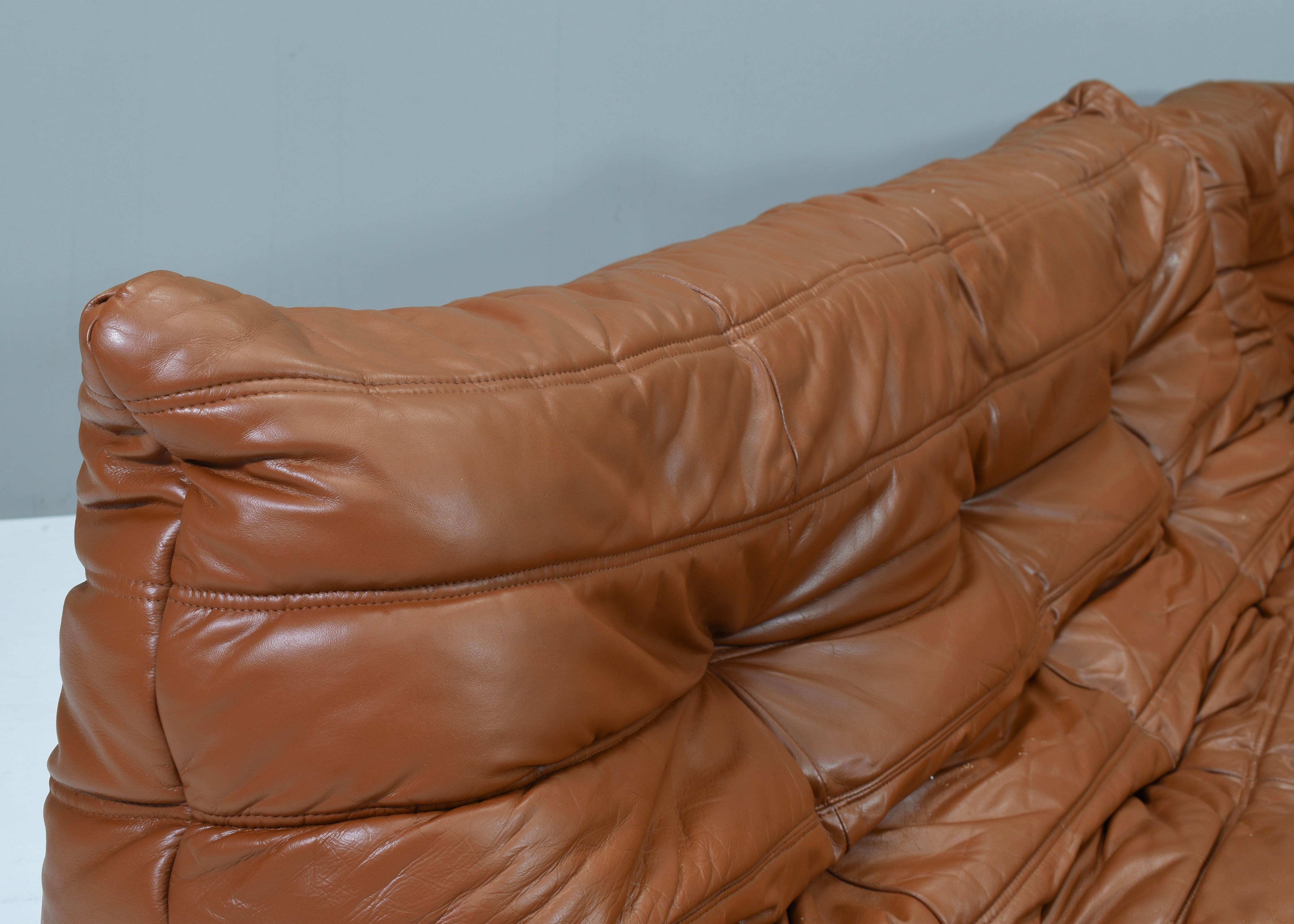 Togo Ligne Roset Sofa by Michel Ducaroy in Tan Leather, France, circa 1970 10