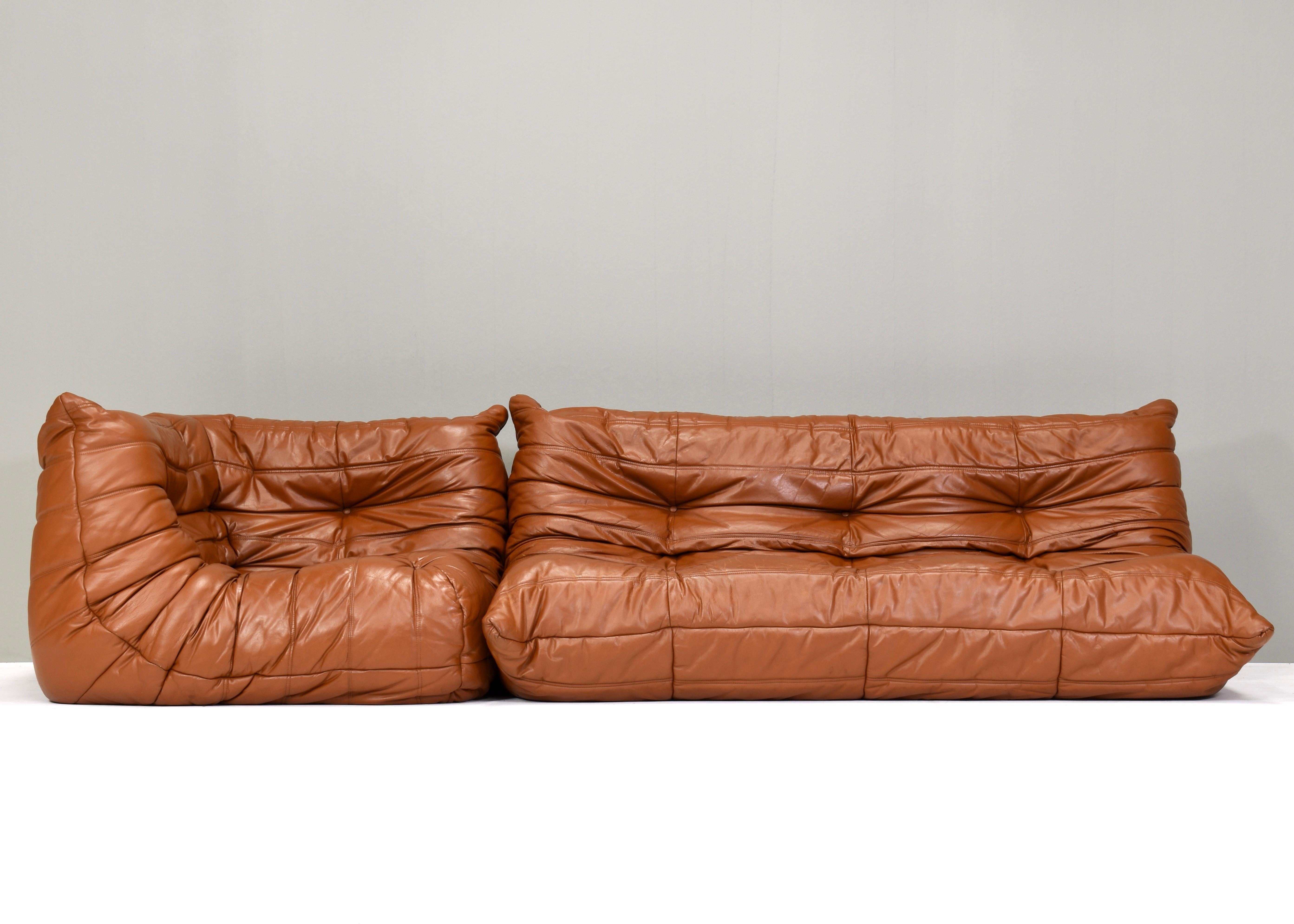 French Togo Ligne Roset Sofa by Michel Ducaroy in Tan Leather, France, circa 1970