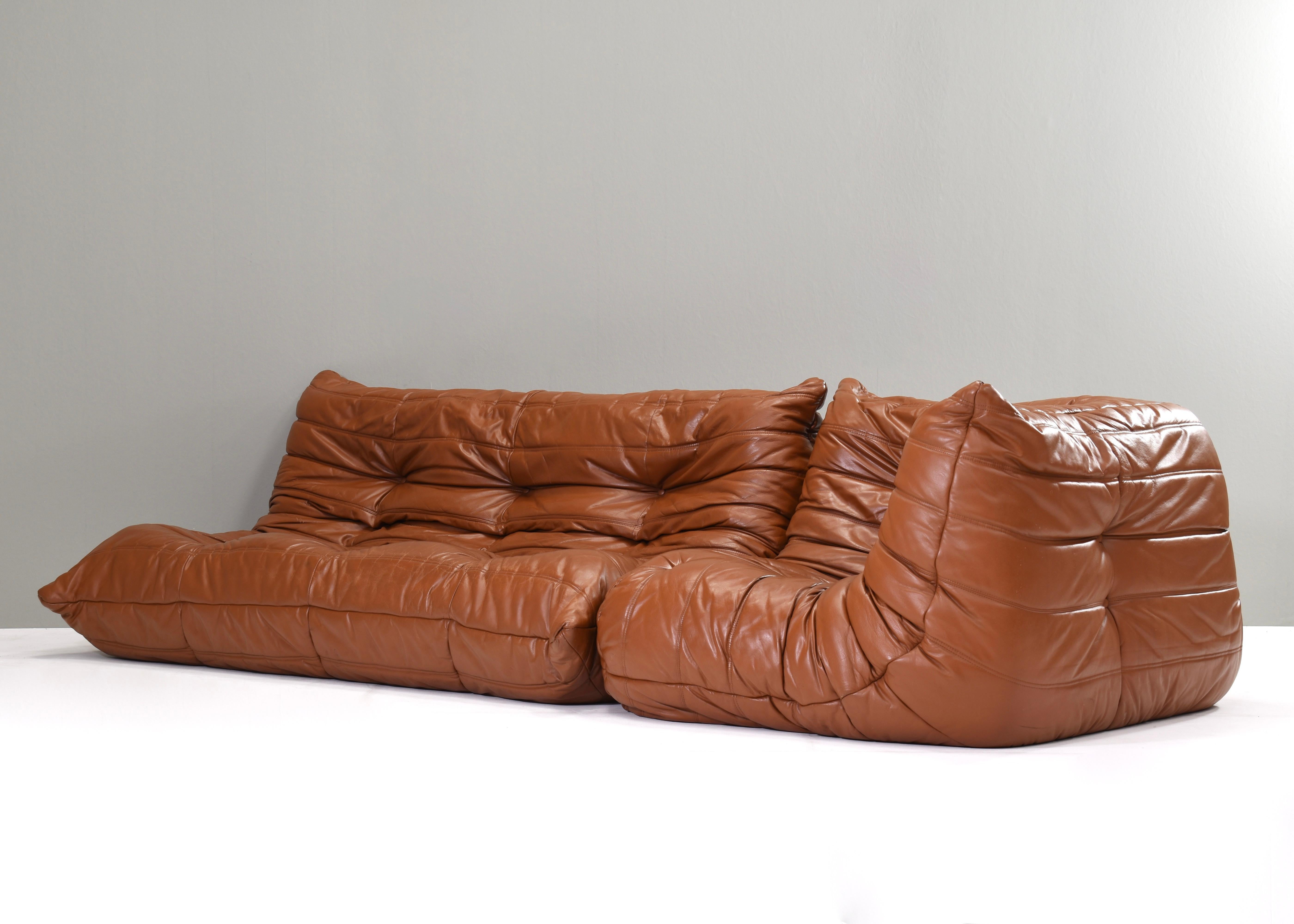 Togo Ligne Roset Sofa by Michel Ducaroy in Tan Leather, France, circa 1970 In Good Condition In Pijnacker, Zuid-Holland