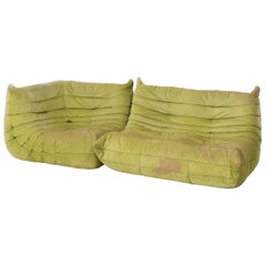 Vintage Togo Lime Green Fabric Sofa by Michel Ducaroy for Ligne Roset, Two-Piece Set