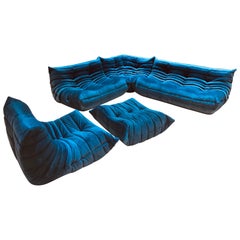 Togo Livingroom Set in Blue Velvet by Michel Ducaroy for Ligne Roset