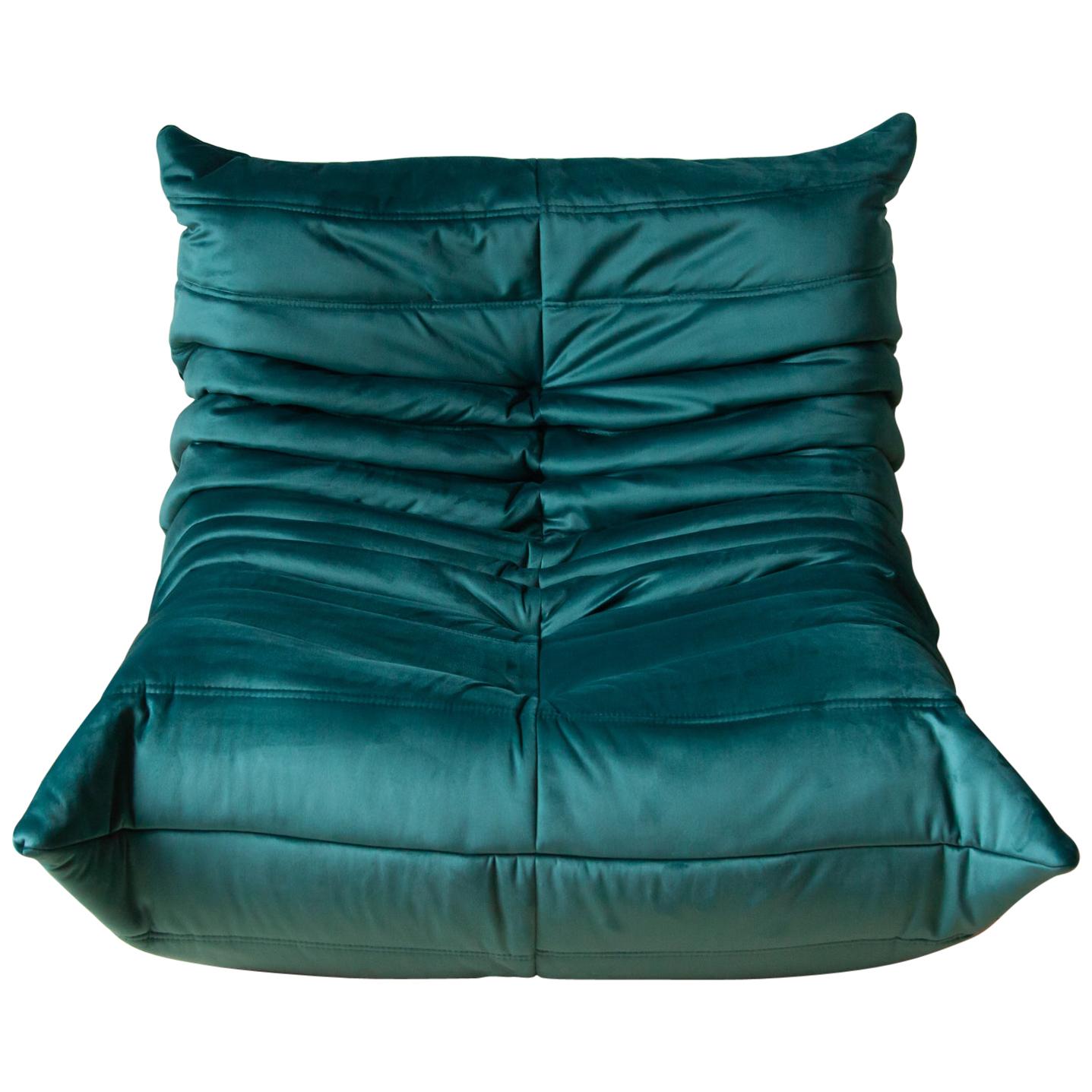 Togo Longue Chair in Blue-Green Velvet by Michel Ducaroy, Ligne Roset For Sale
