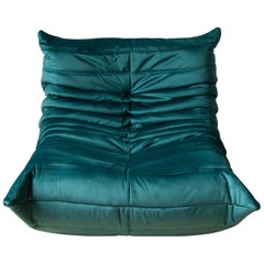 Togo Longue Chair in Blue-Green Velvet by Michel Ducaroy, Ligne Roset