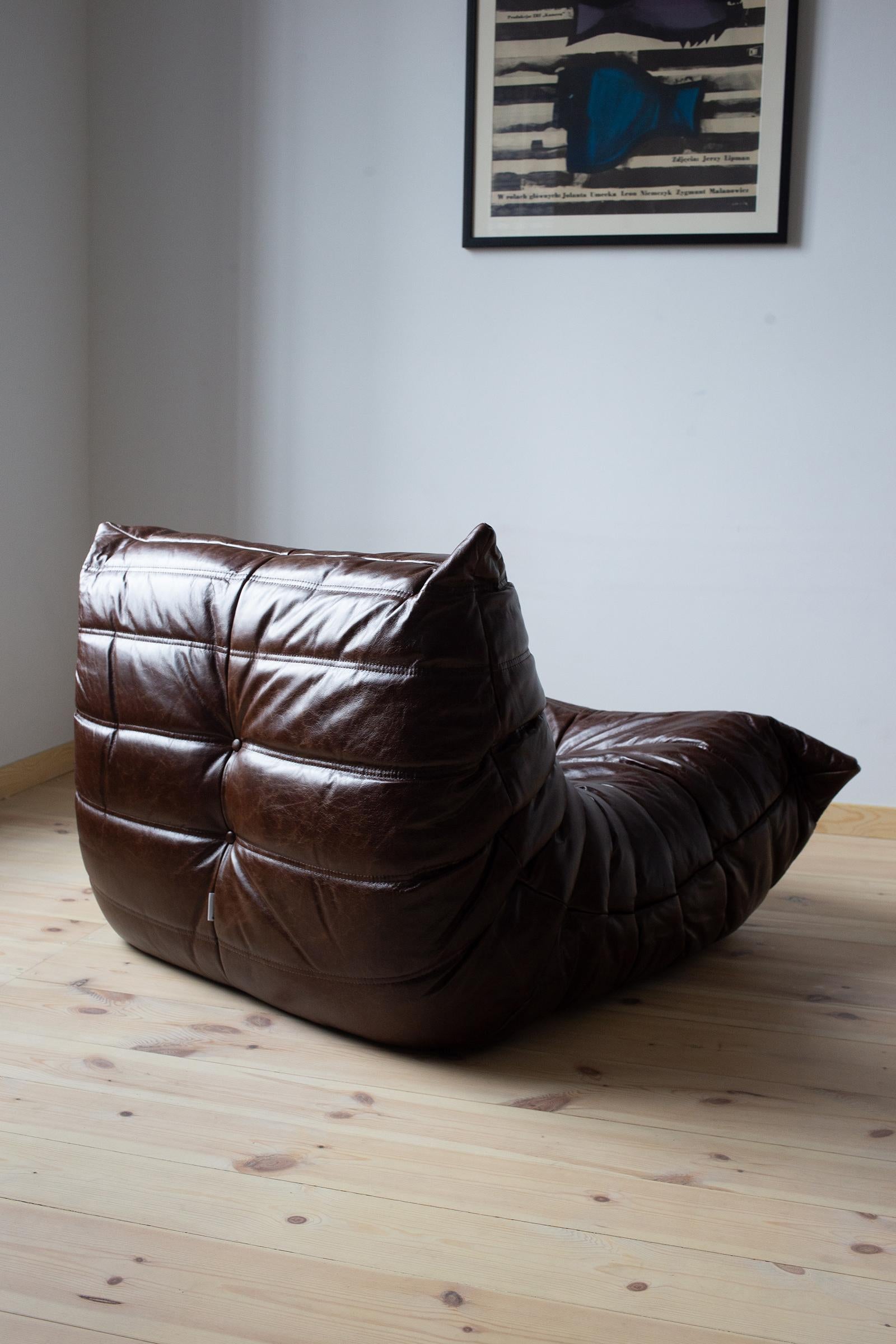 Mid-Century Modern Togo Longue Chair in Brown Dubai Leather by Michel Ducaroy, Ligne Roset For Sale