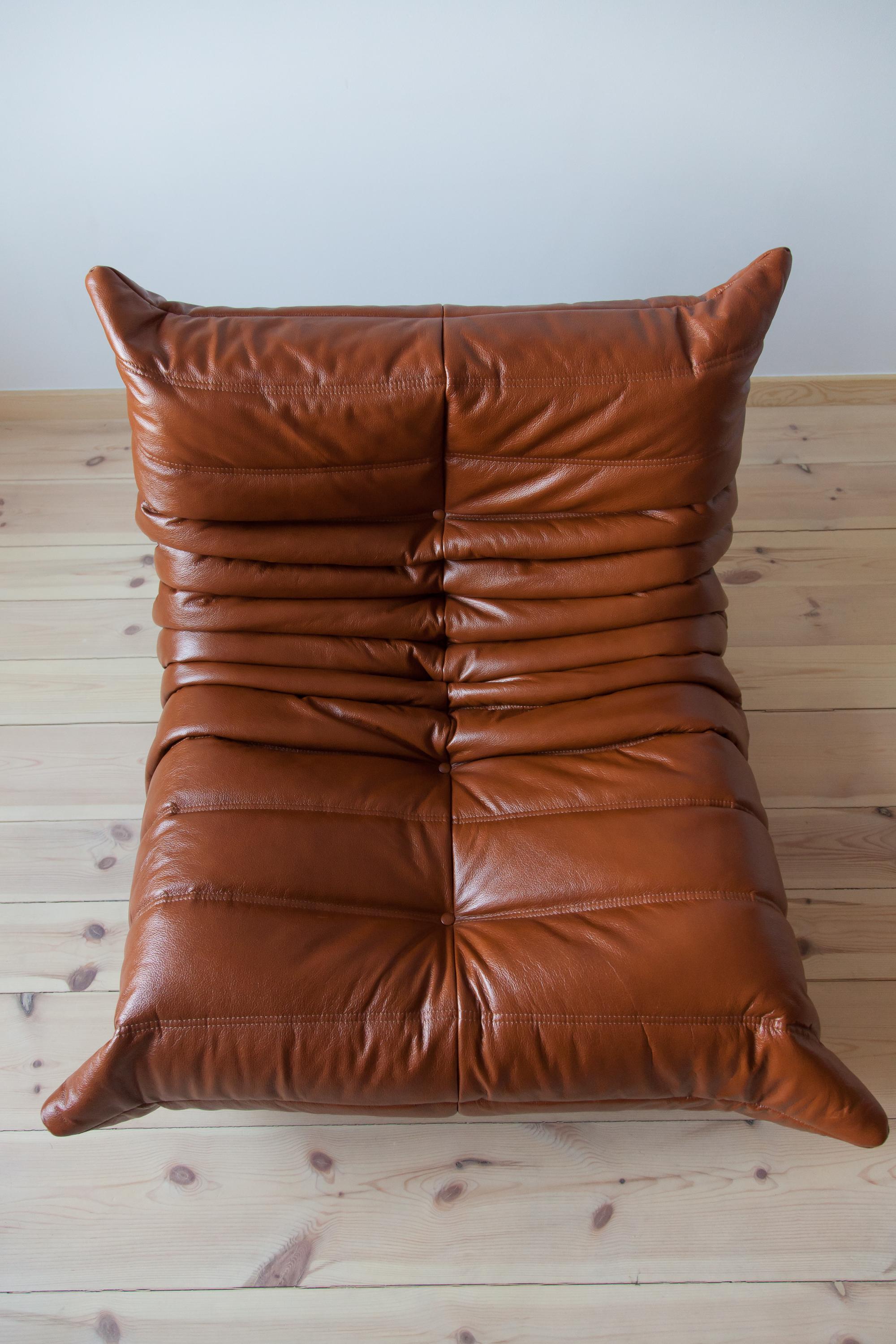 Togo Longue Chair in Whiskey Leather by Michel Ducaroy, Ligne Roset For Sale 2
