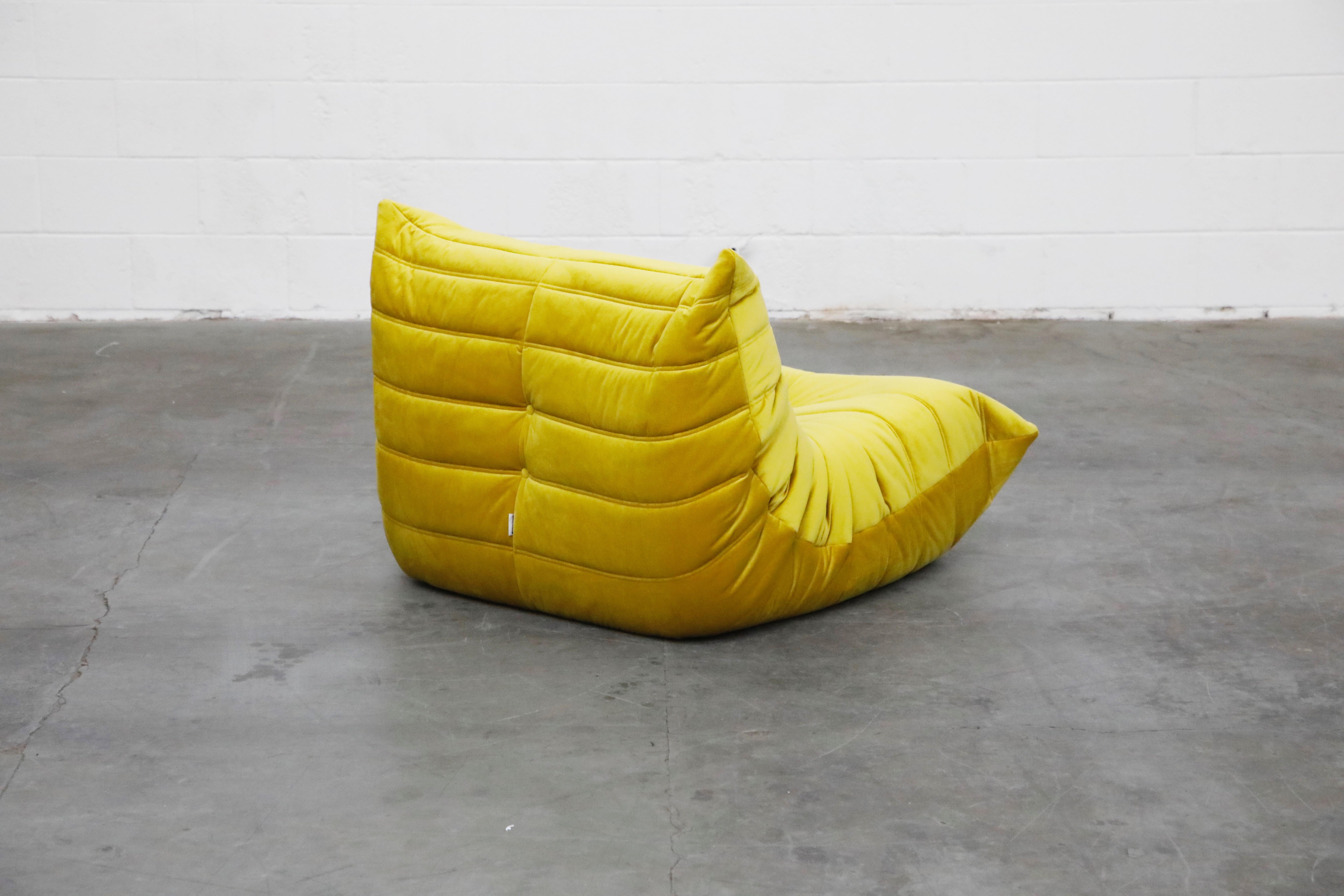 'Togo' Lounge Chair and Ottoman by Michel Ducaroy for Ligne Roset in Gold Velvet 2