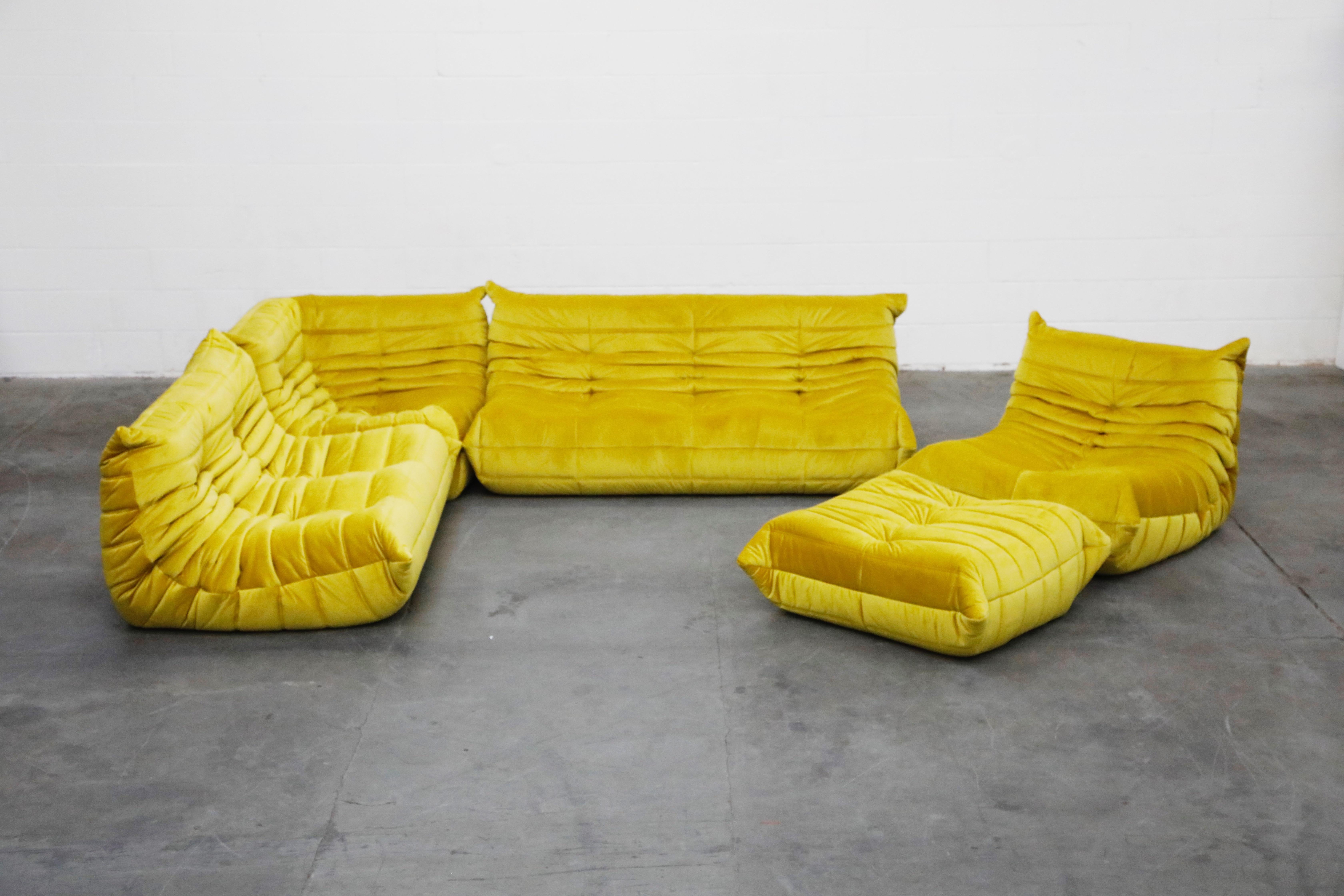 'Togo' Lounge Chair and Ottoman by Michel Ducaroy for Ligne Roset in Gold Velvet 5