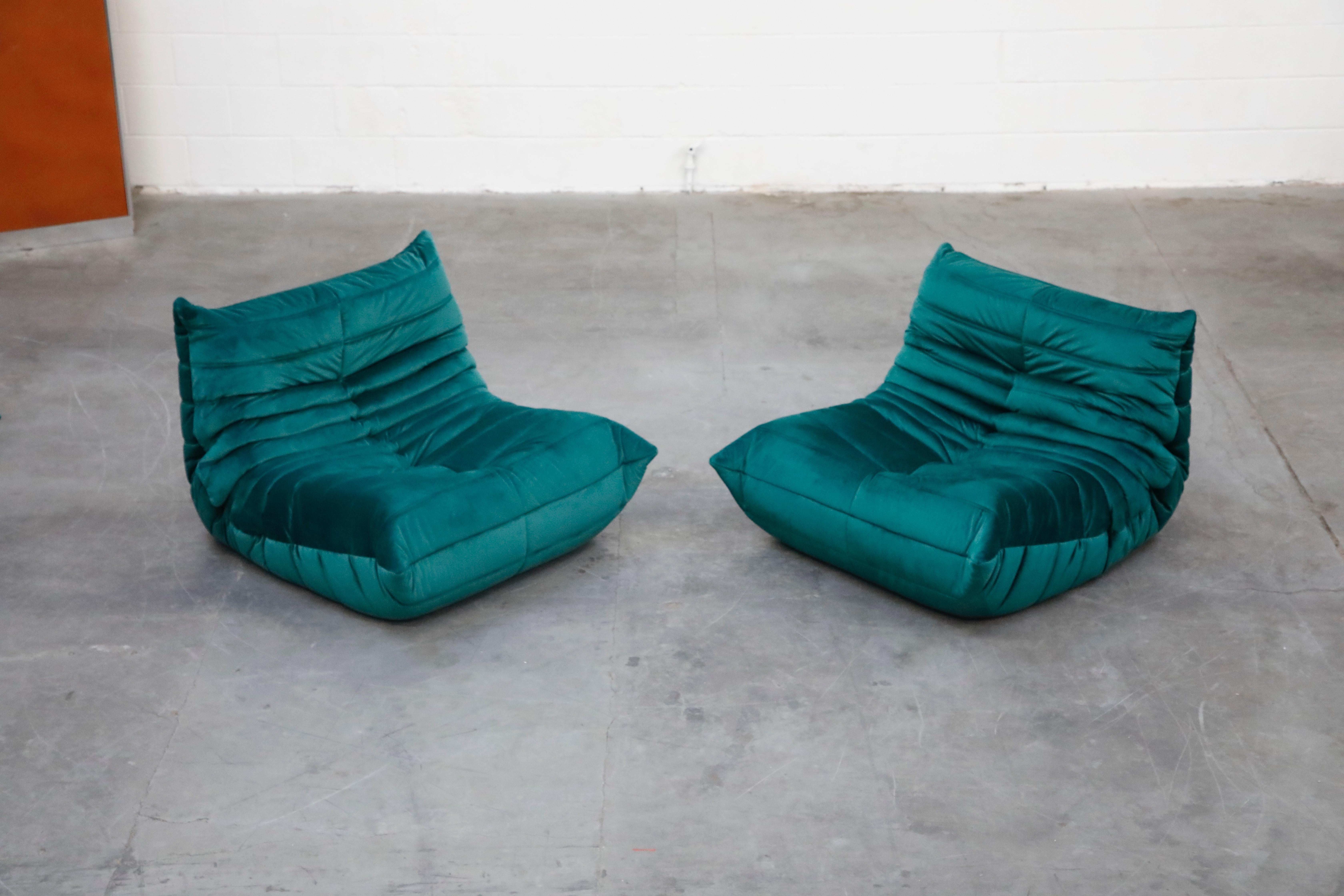 Togo Lounge Chair and Ottoman by Michel Ducaroy for Ligne Roset in Green Velvet 1