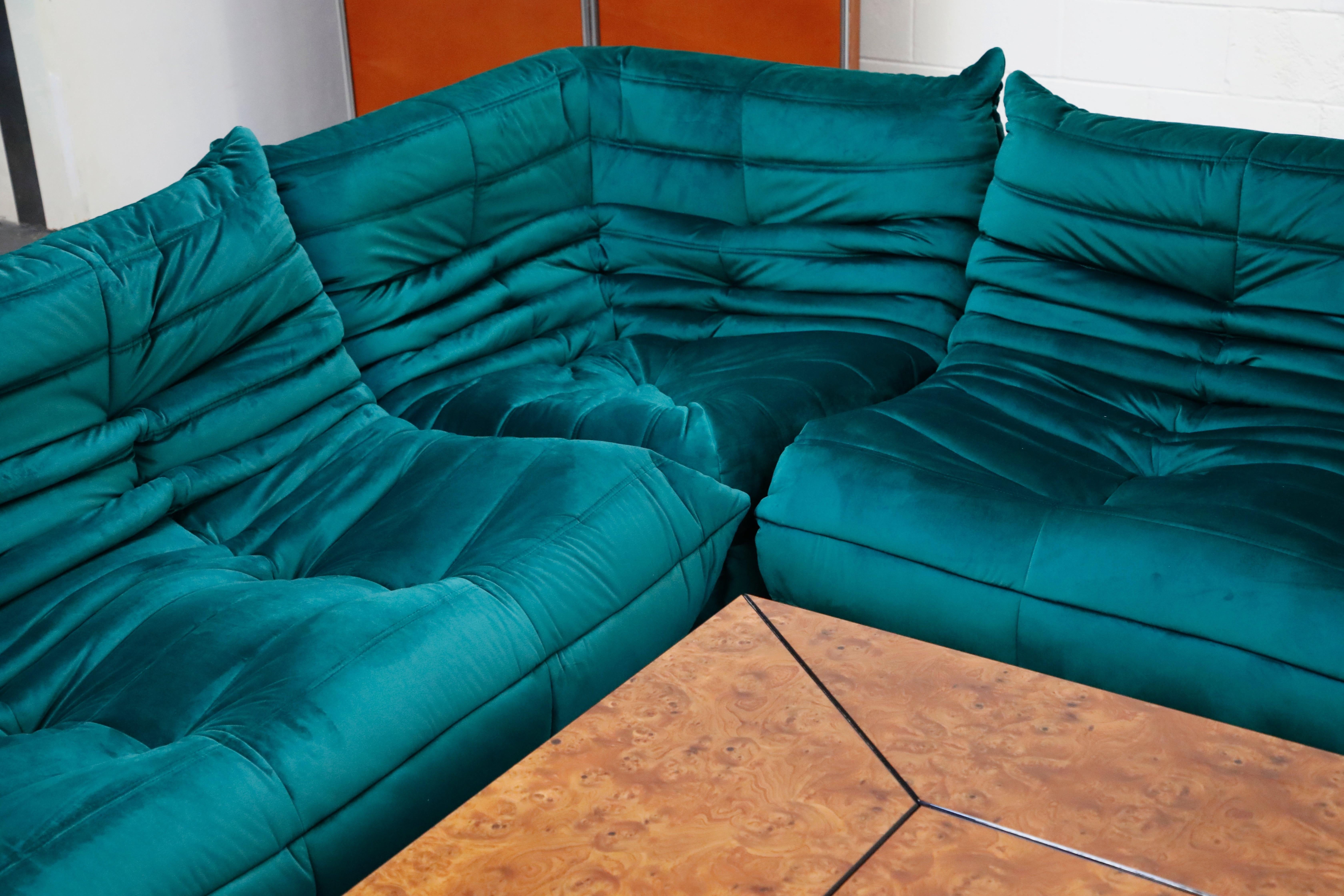 Togo Lounge Chair and Ottoman by Michel Ducaroy for Ligne Roset in Green Velvet 7
