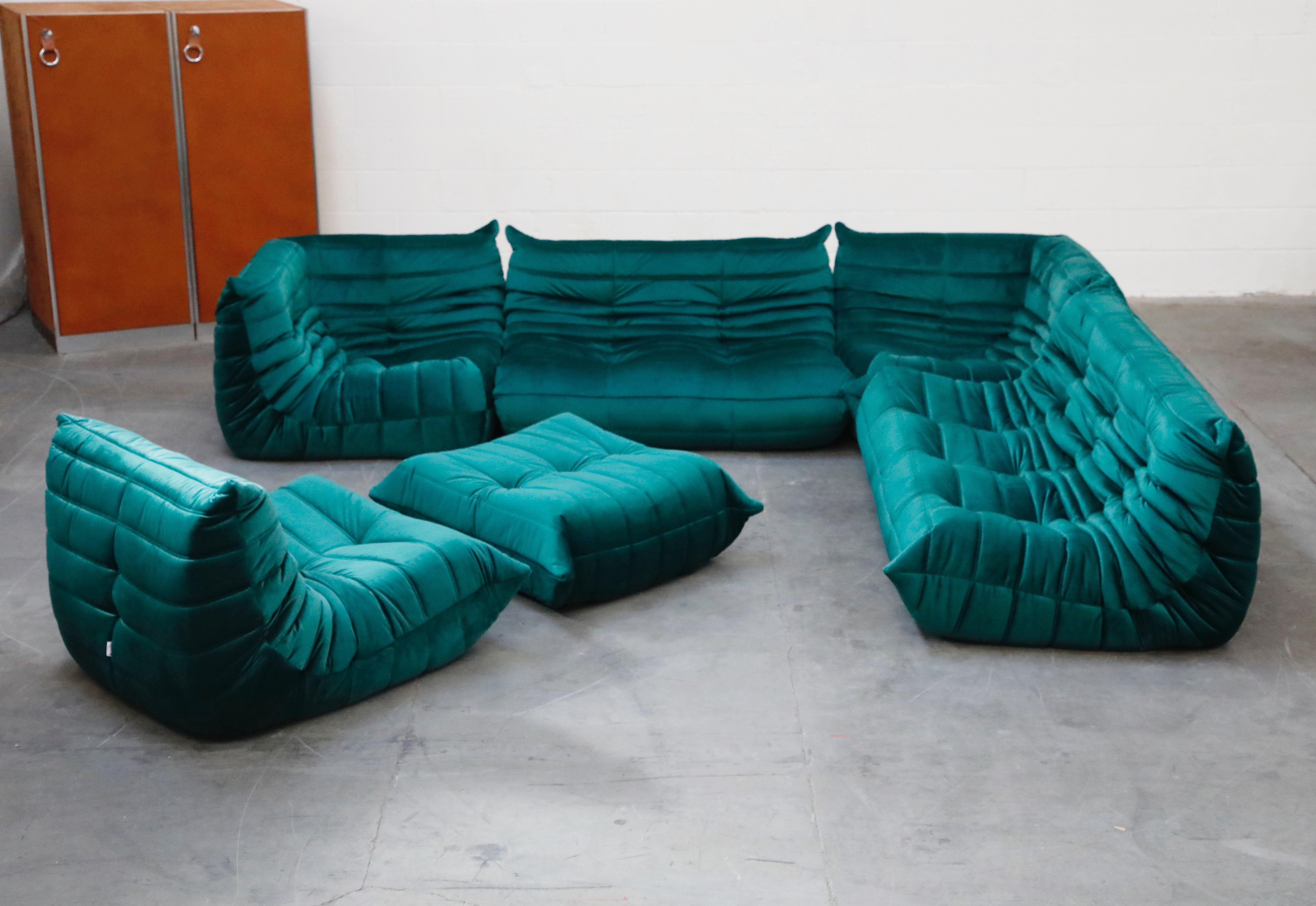 Togo Lounge Chair and Ottoman by Michel Ducaroy for Ligne Roset in Green Velvet 11